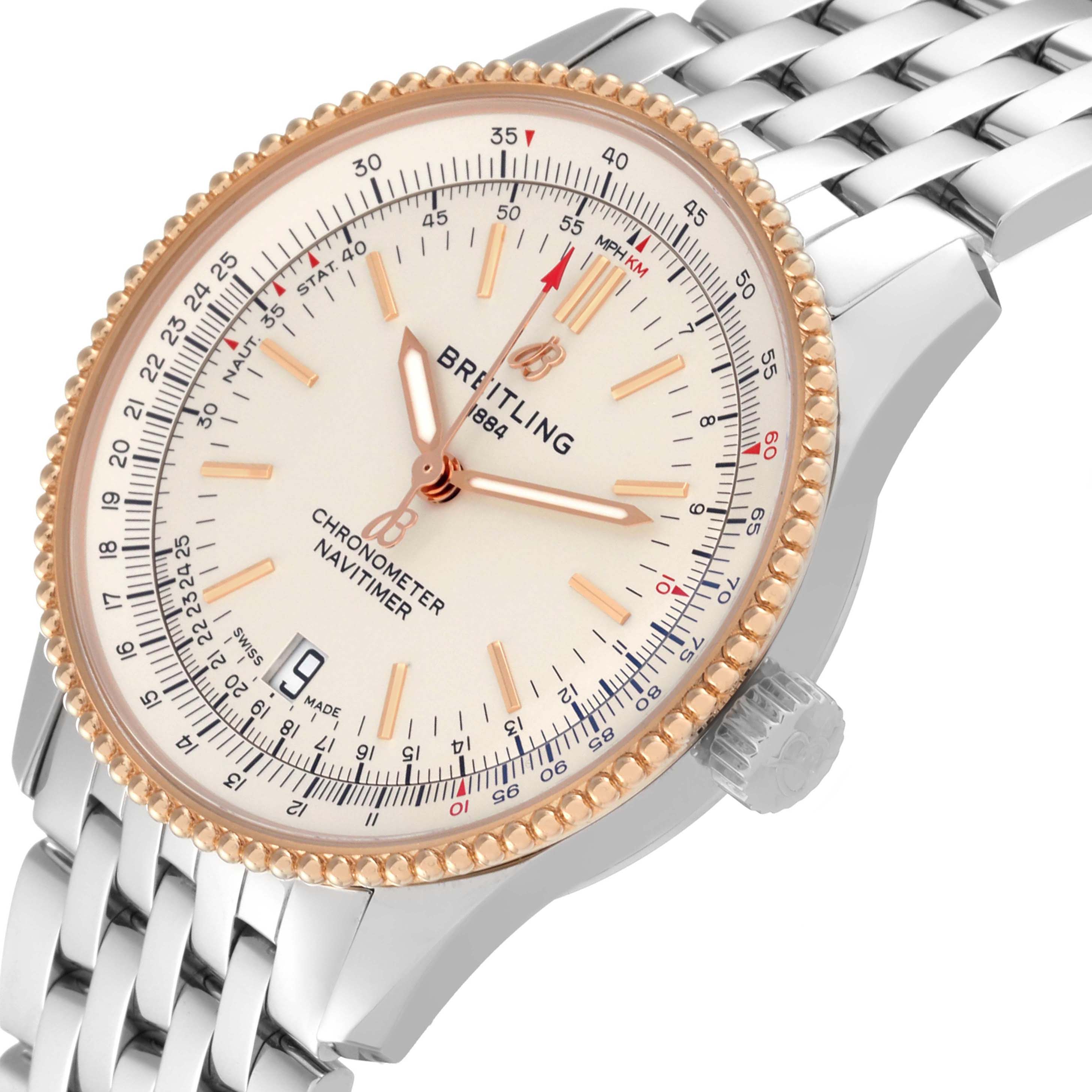 This image shows a side angle of a Breitling Navitimer U17325 Men
s Stainless Steel Silver Dial U17325 Men
s Stainless Steel Silver Dial watch, highlighting its face, bezel, and metallic strap.