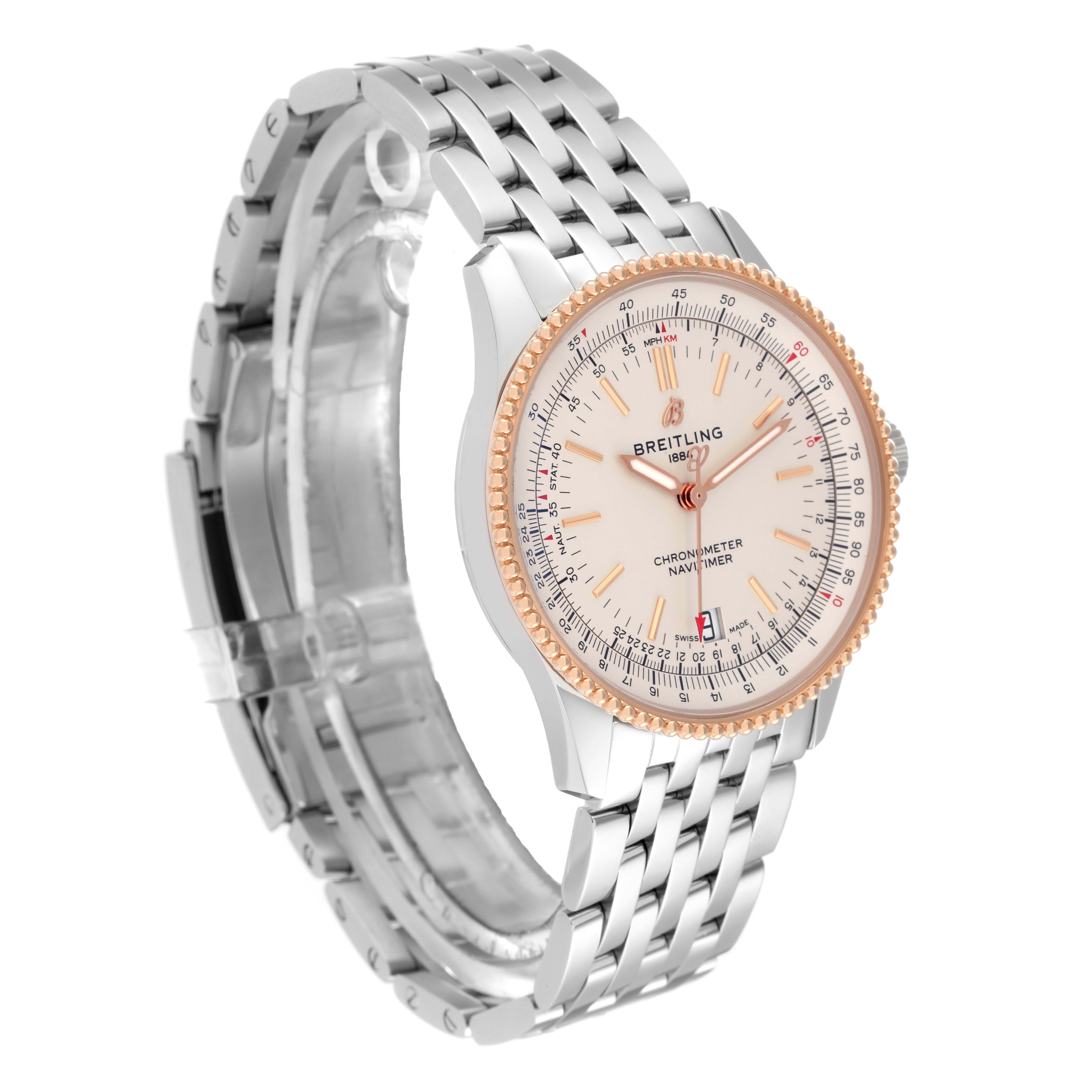 This Breitling Navitimer U17325 Men
s Stainless Steel Silver Dial U17325 Men
s Stainless Steel Silver Dial watch is shown at a slight angle, displaying the face, bezel, and metal bracelet band.