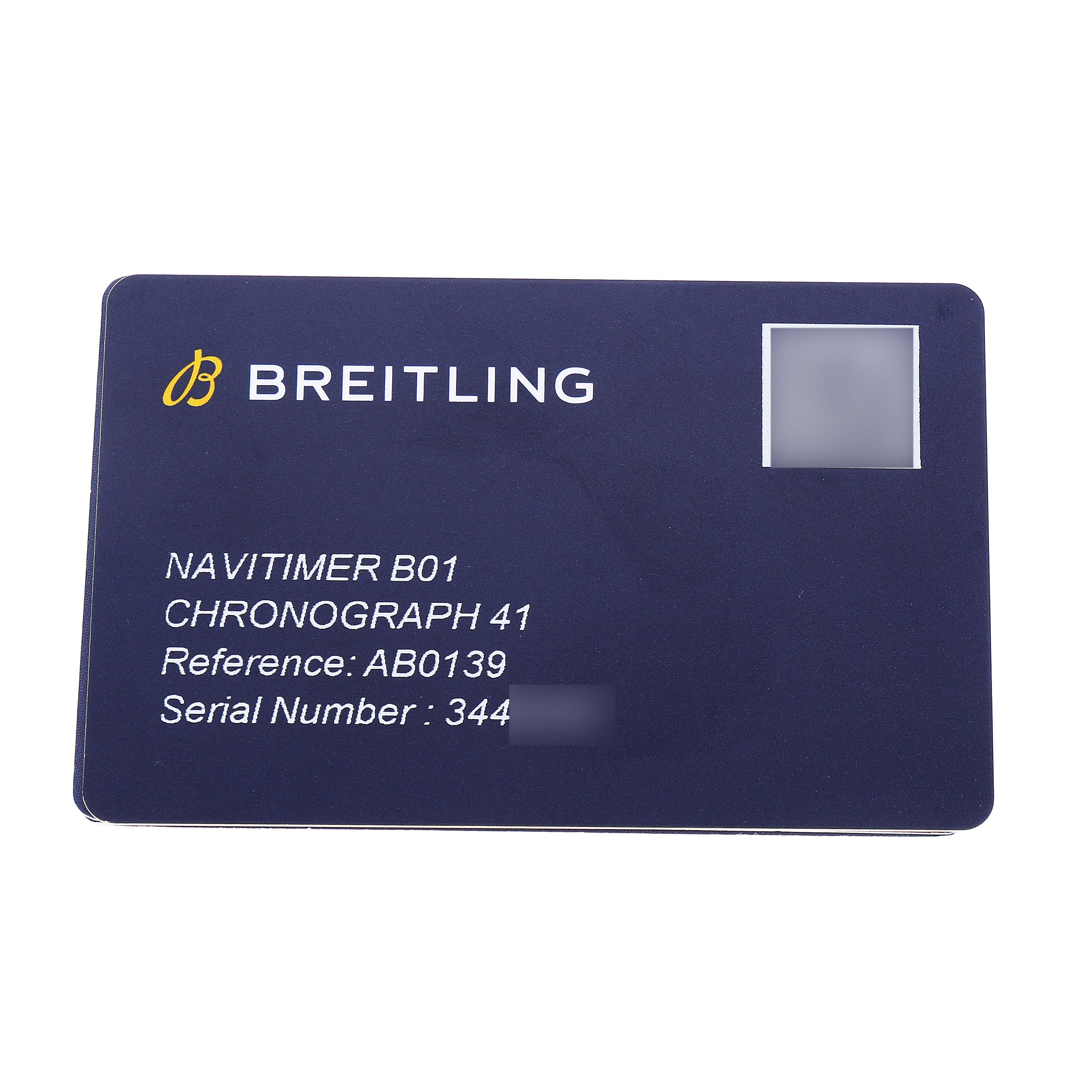 The image shows a Breitling Navitimer AB0139 Men's Stainless Steel Blue Dial B01 Chronograph 41 card with reference and serial numbers visible.