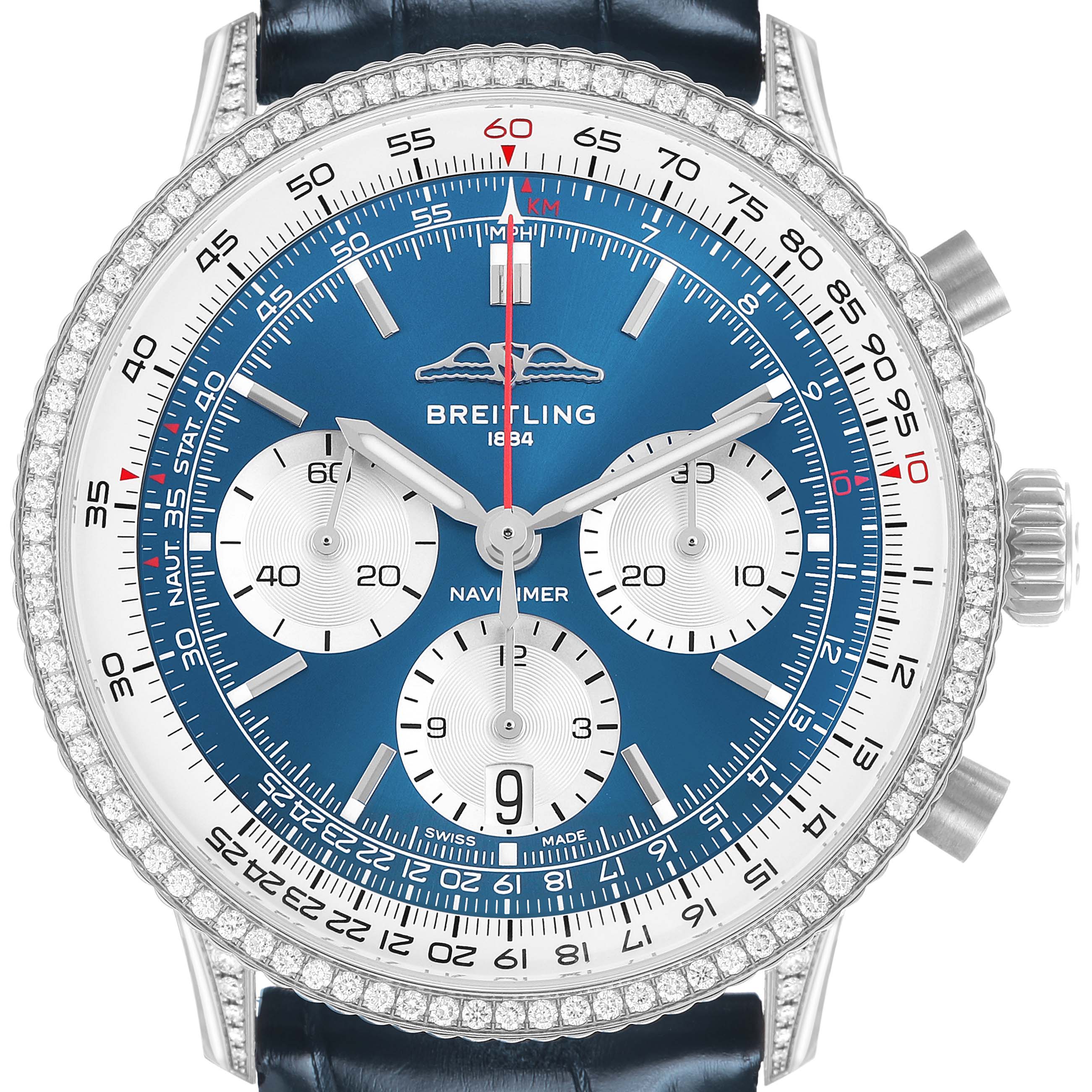 The Breitling Navitimer AB0139 Men's Stainless Steel Blue Dial watch is shown from the front, featuring its blue dial, subdials, bezel, and crown.
