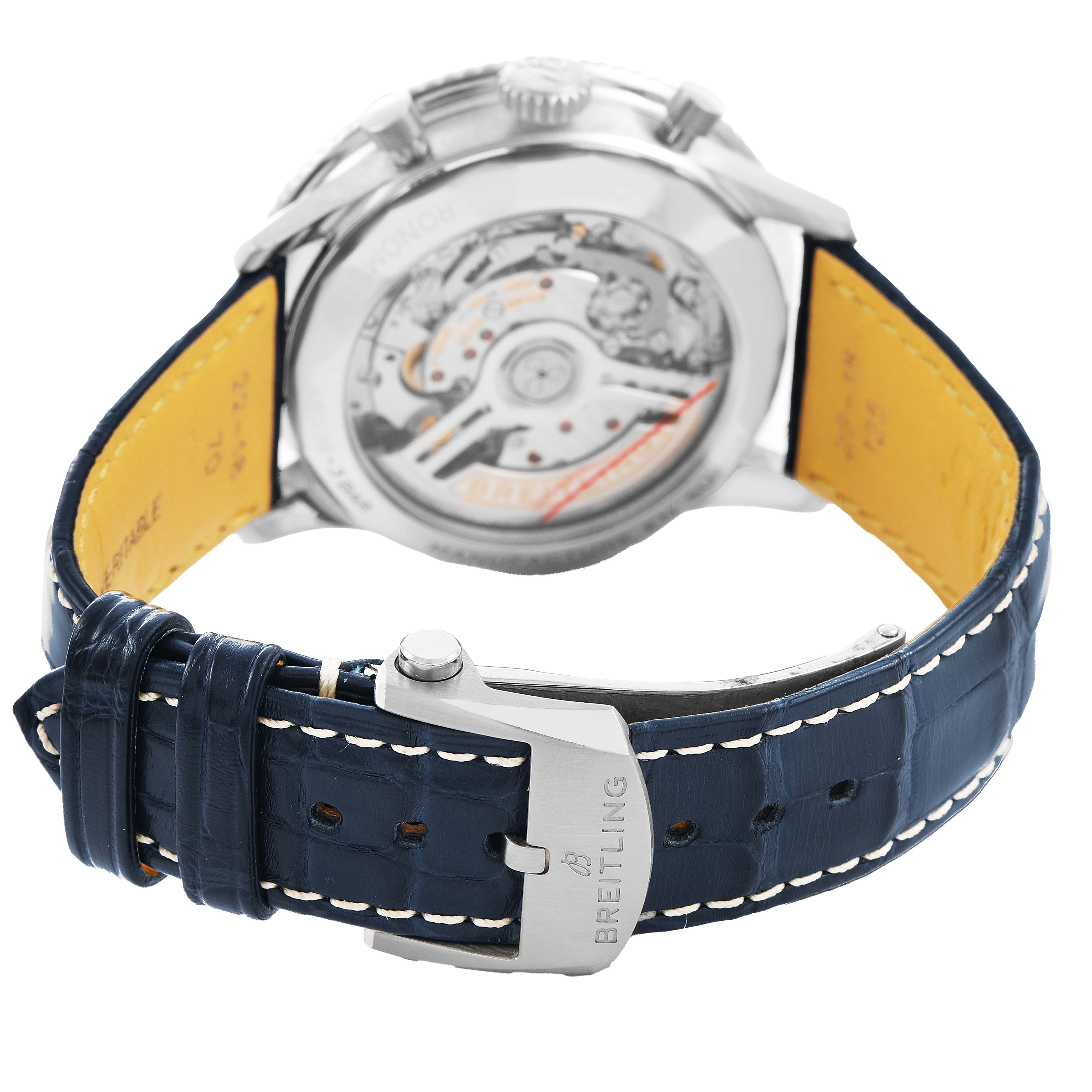 The Breitling Navitimer AB0139 Men's Stainless Steel Blue Dial watch is shown from the back, displaying the automatic movement and a blue leather strap with buckle.