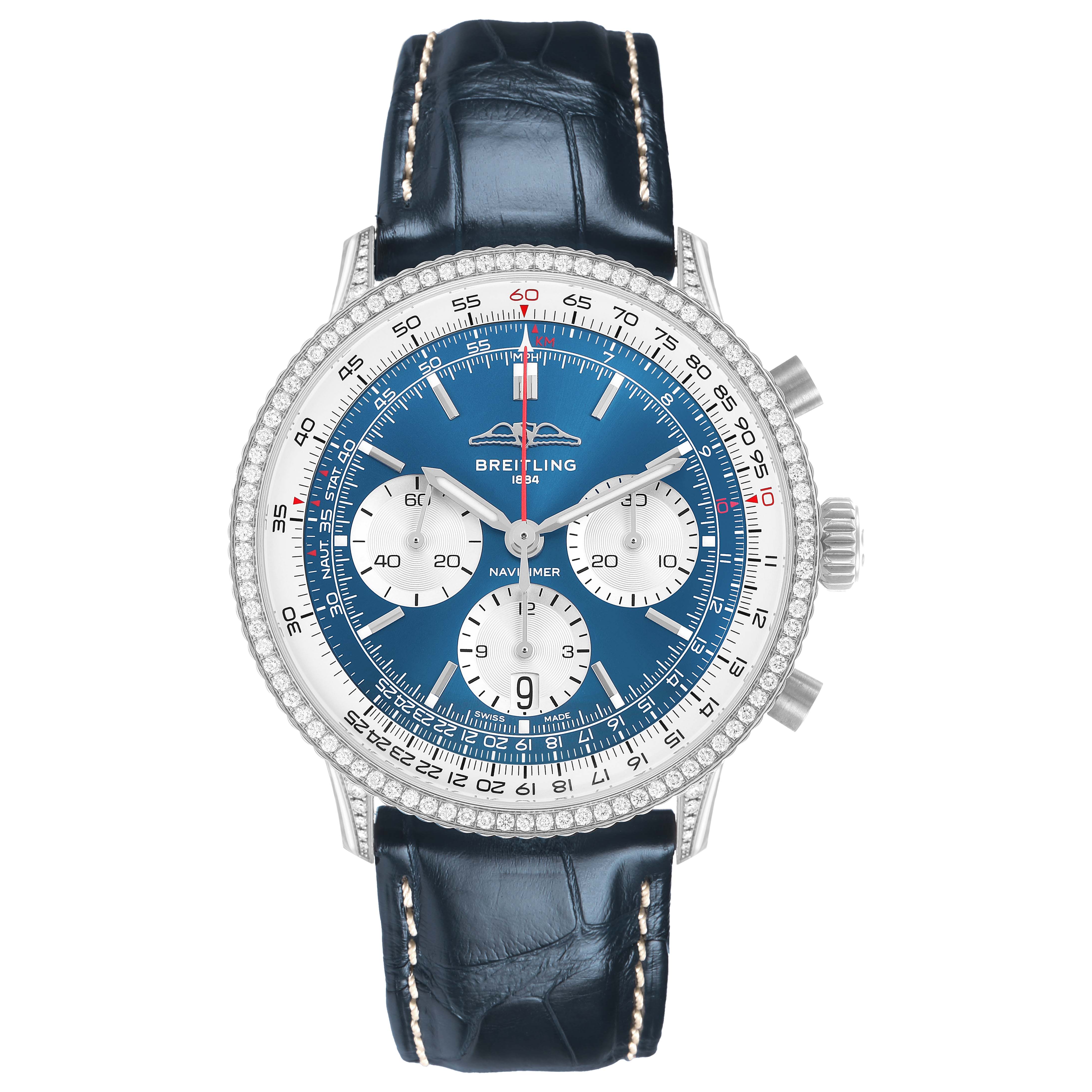 The image shows a frontal view of the Breitling Navitimer AB0139 Men's Stainless Steel Blue Dial watch, highlighting its dial, subdials, bezel, and strap.