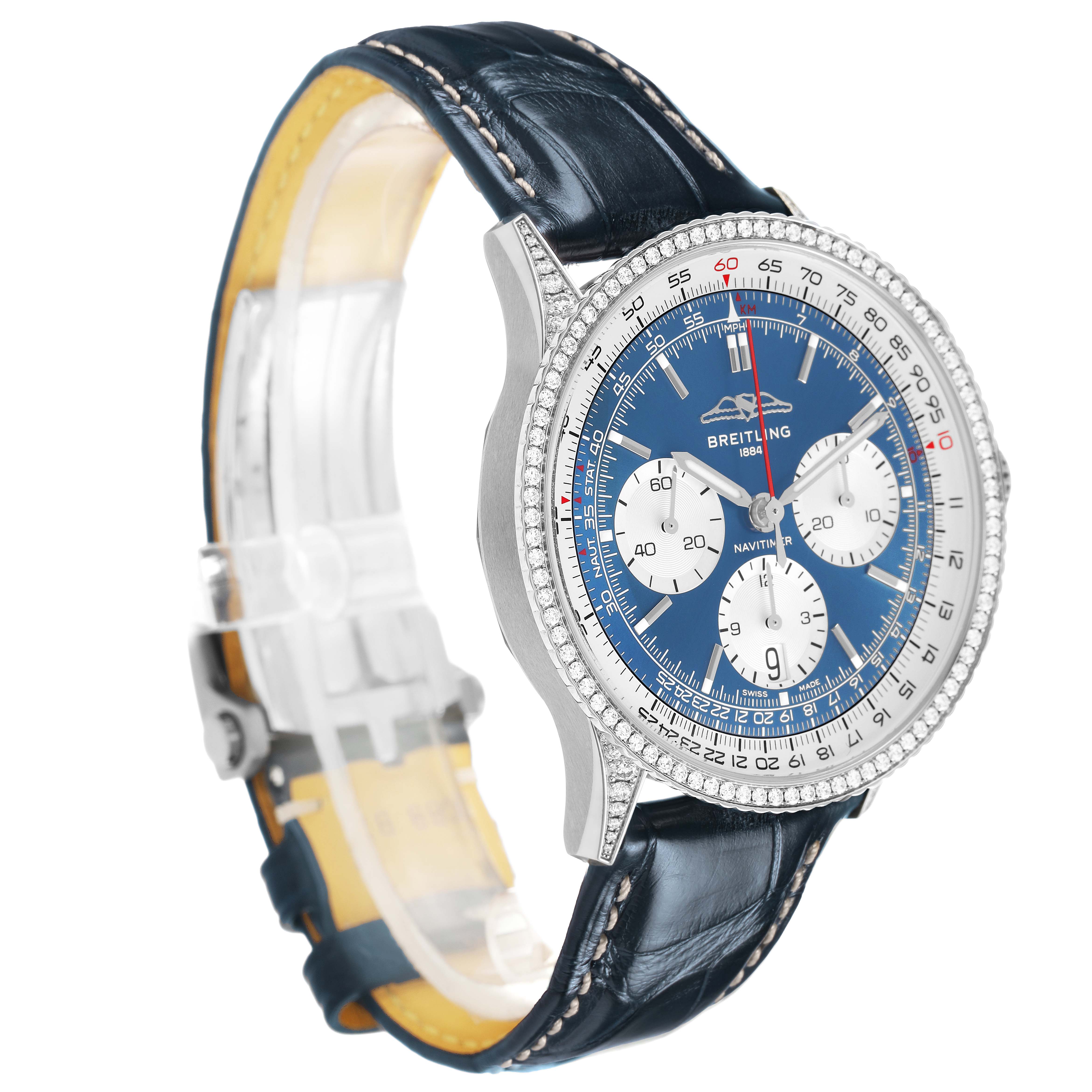 The Breitling Navitimer AB0139 Men's Stainless Steel Blue Dial watch is shown at a slight angle, highlighting the blue dial, bezel, and dark leather strap with stitching.