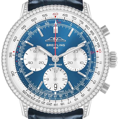 The Breitling Navitimer AB0139 Men's Stainless Steel Blue Dial watch is shown from a front angle, highlighting its blue dial, subdials, bezel, and the crown.