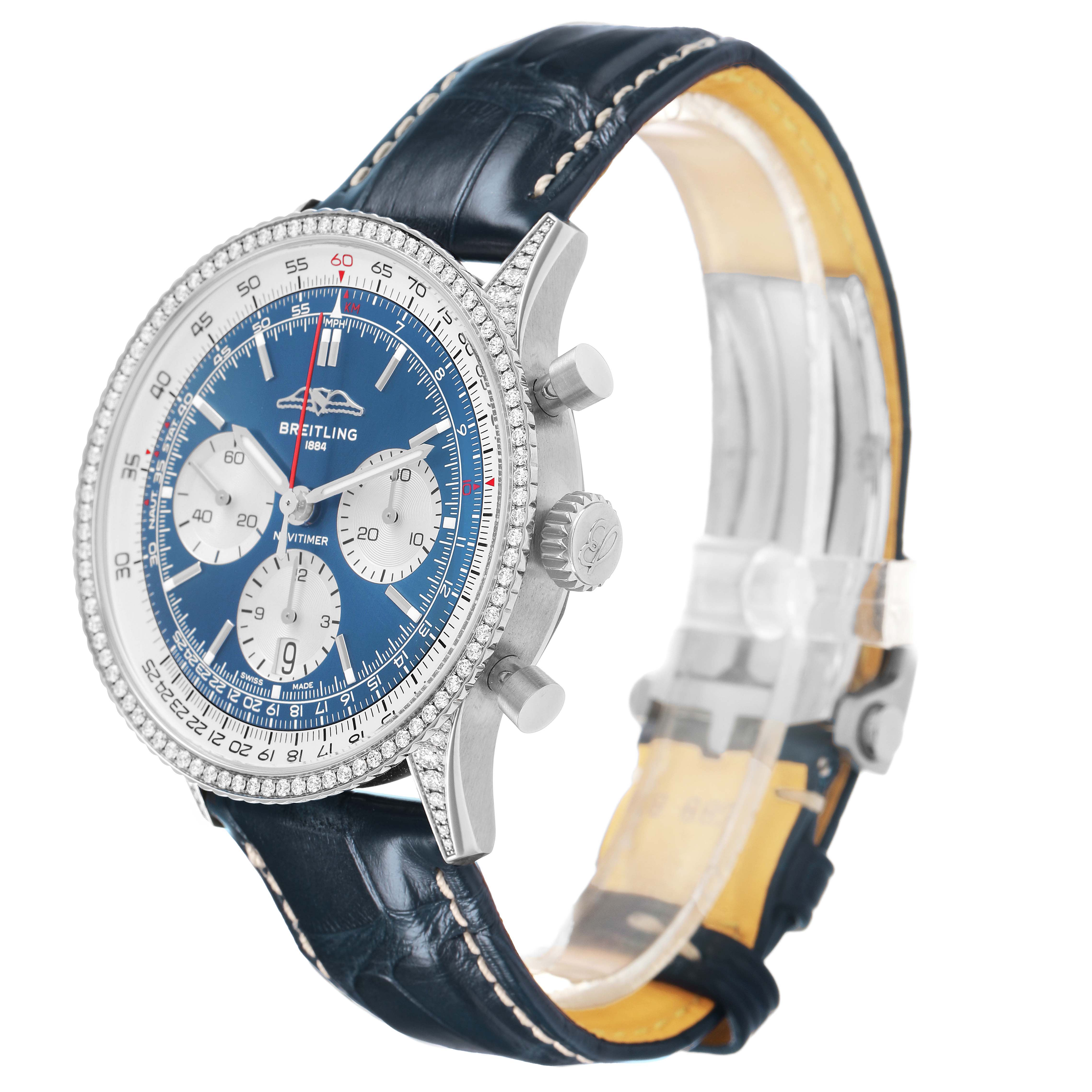 The image shows a Breitling Navitimer AB0139 Men's Stainless Steel Blue Dial watch at a three-quarter angle, highlighting the dial, bezel, pushers, and leather strap.