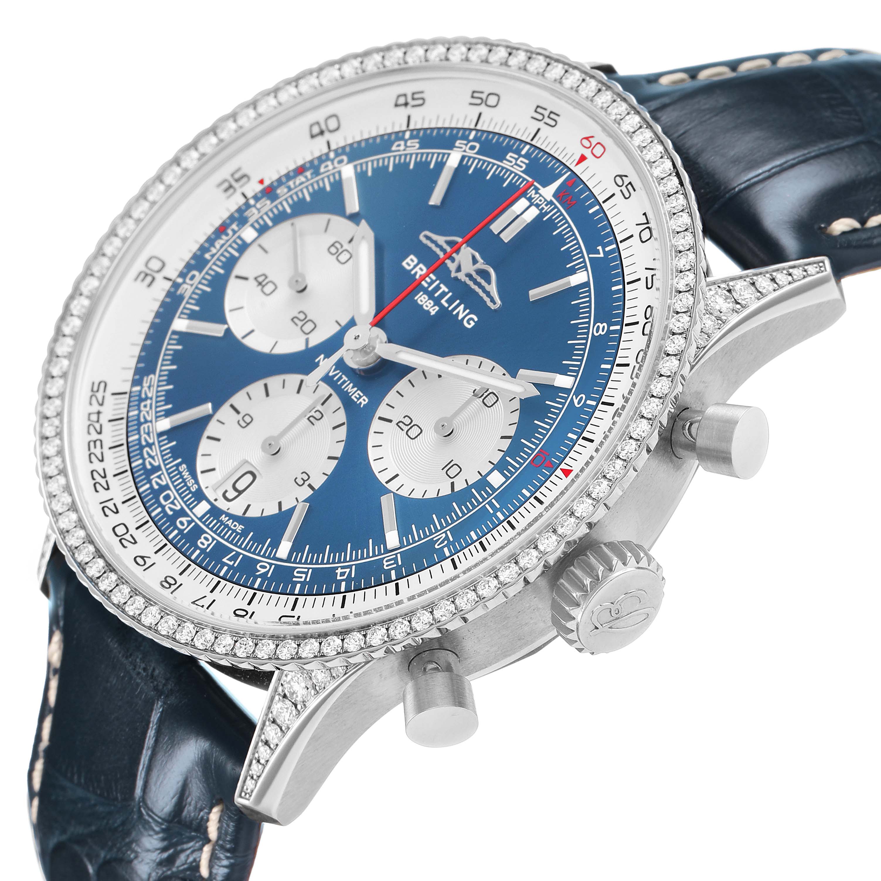 The Breitling Navitimer AB0139 Men's Stainless Steel Blue Dial watch is shown at an angled side view, displaying its blue dial, subdials, bezel, crown, and pushers.