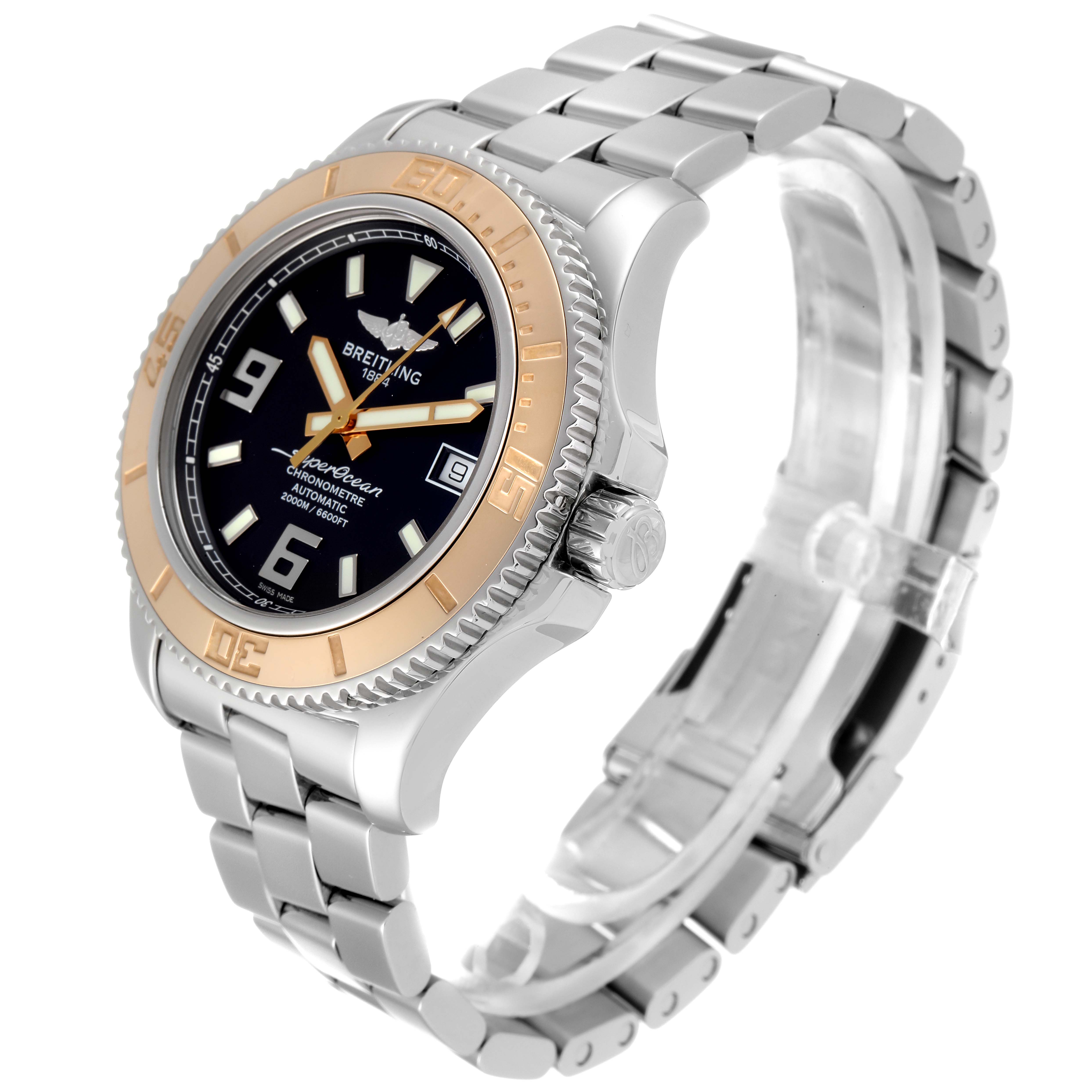 The Breitling Superocean C17391 Men's Steel and Gold (two tone) Black Dial C17391 Men's Steel and Gold (two tone) Black Dial watch is shown from an angled side view, highlighting the face, bezel, crown, and metal bracelet.