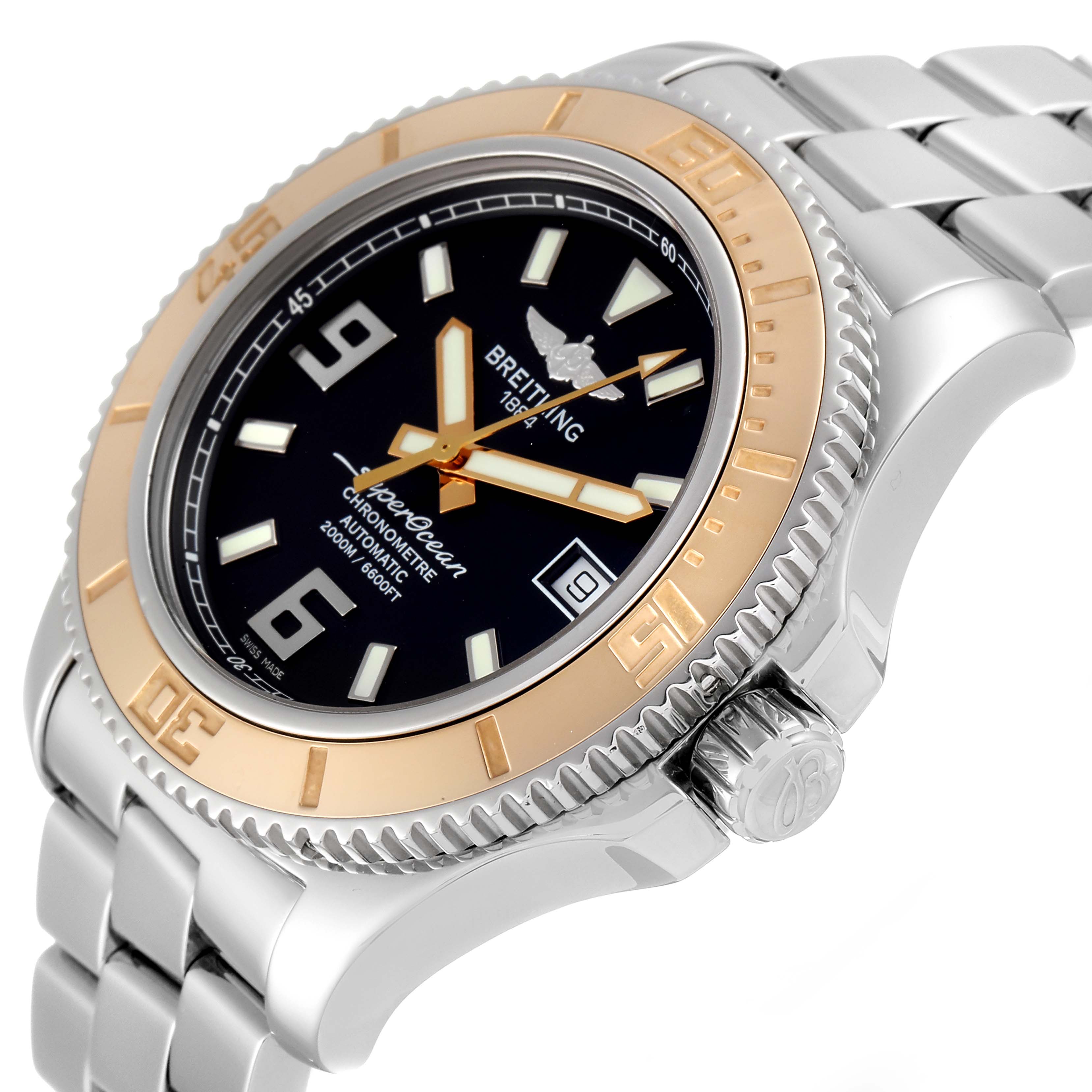 The Breitling Superocean C17391 Men's Steel and Gold (two tone) Black Dial C17391 Men's Steel and Gold (two tone) Black Dial watch is shown at an angled view, highlighting its bezel, dial, crown, and part of the metal bracelet.