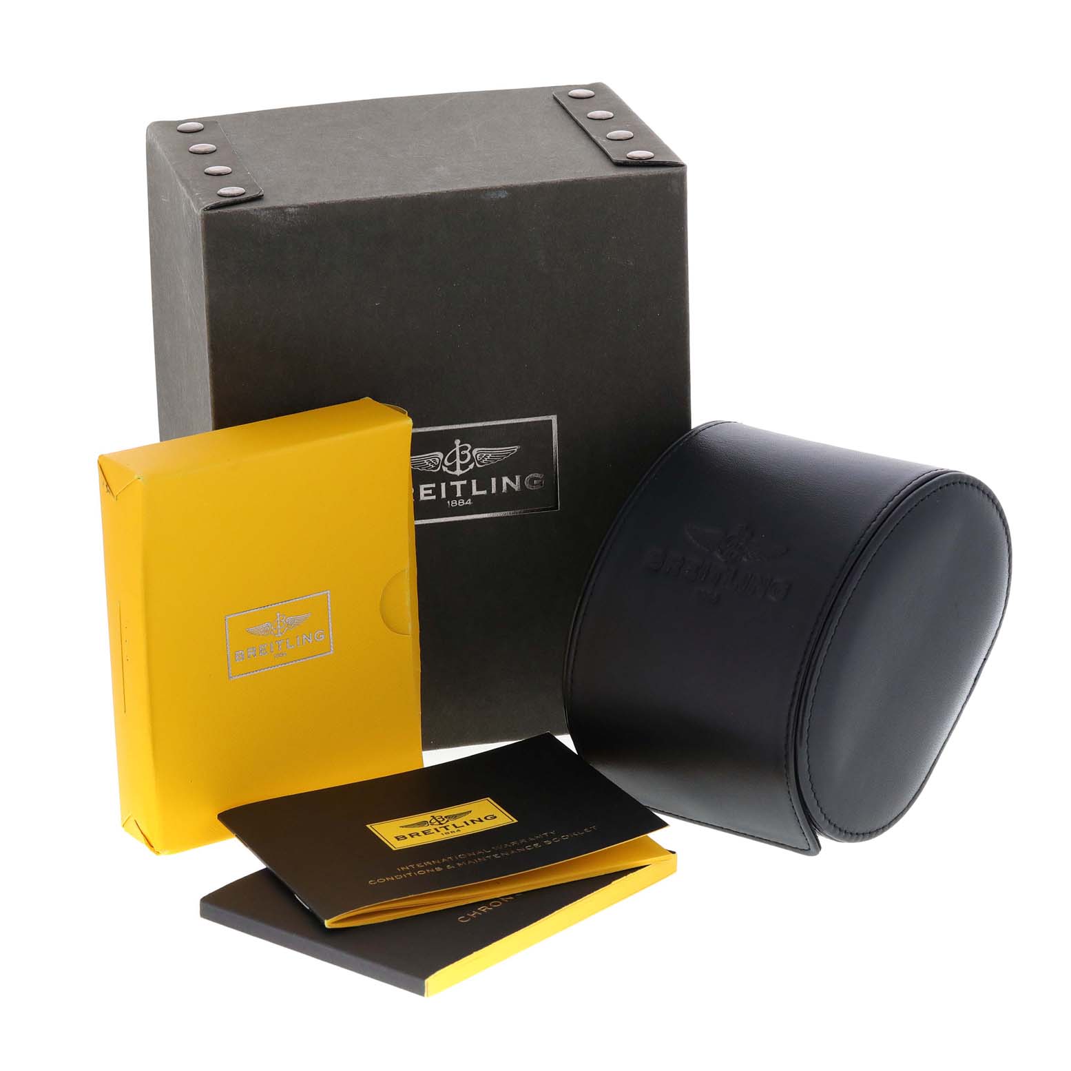 The image shows the packaging and accessories for the Breitling Superocean C17391 Men's Steel and Gold (two tone) Black Dial C17391 Men's Steel and Gold (two tone) Black Dial, including a box, a leather case, and documentation.