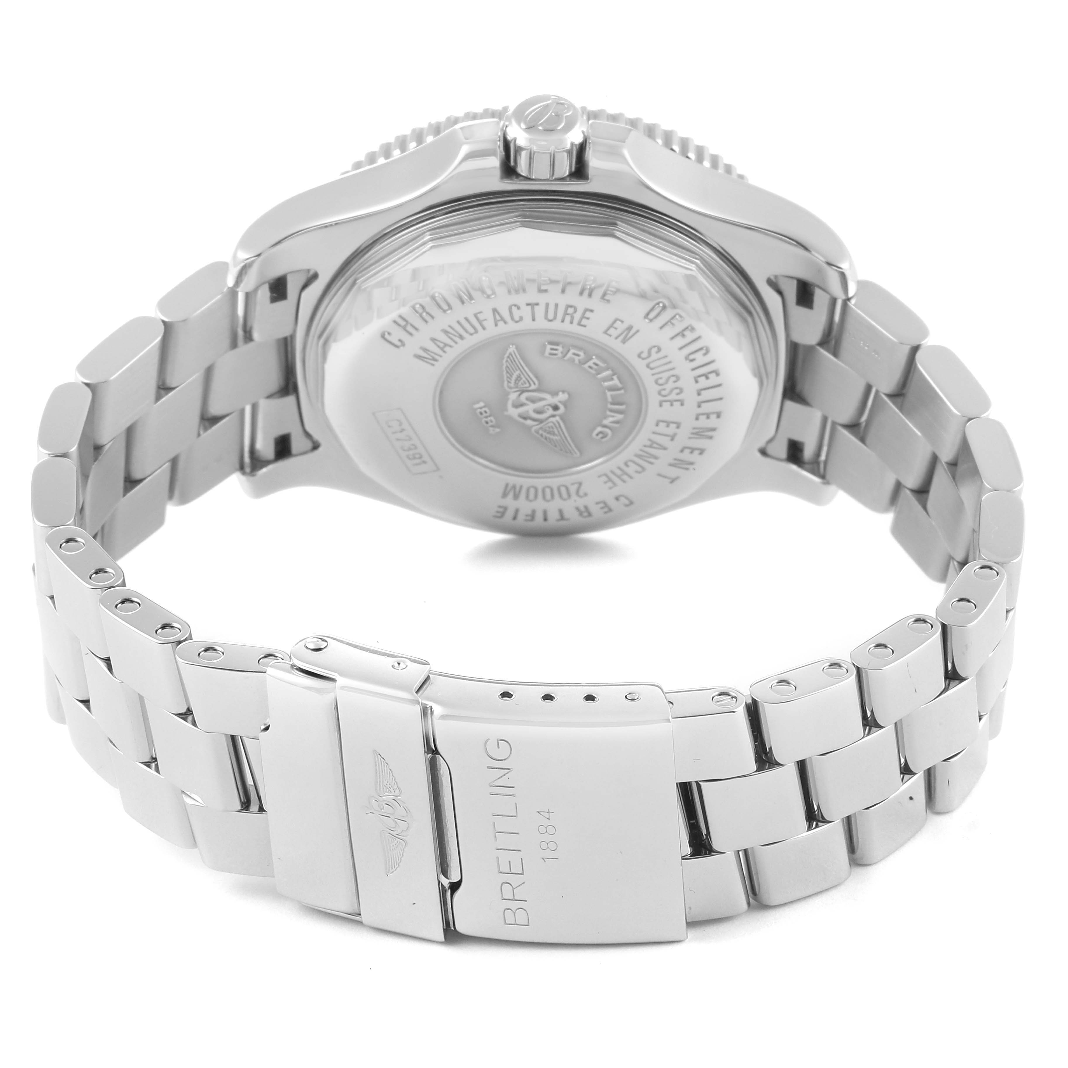 This image shows the back view of a Breitling Superocean C17391 Men's Steel and Gold (two tone) Black Dial C17391 Men's Steel and Gold (two tone) Black Dial watch, highlighting the case back and metal bracelet.