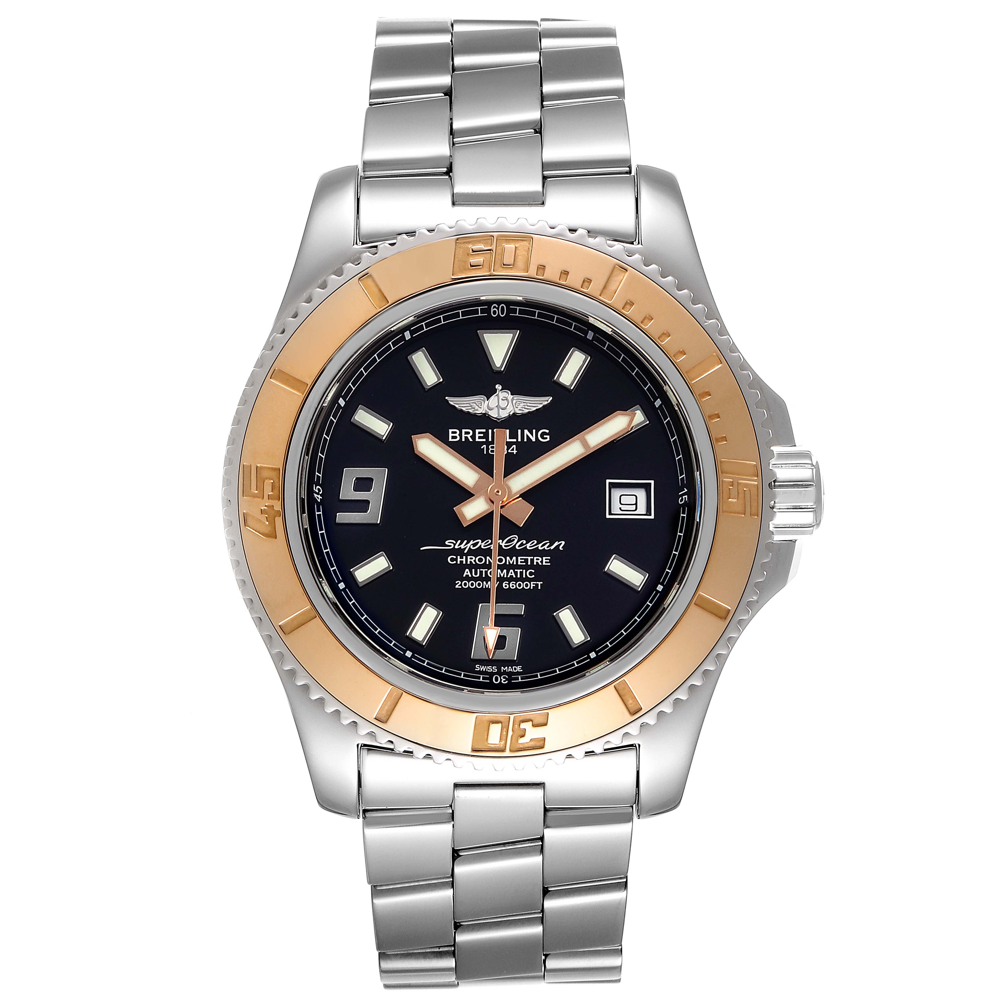 The Breitling Superocean C17391 Men's Steel and Gold (two tone) Black Dial C17391 Men's Steel and Gold (two tone) Black Dial watch is shown from a front angle, displaying the dial, bezel, and metal bracelet.