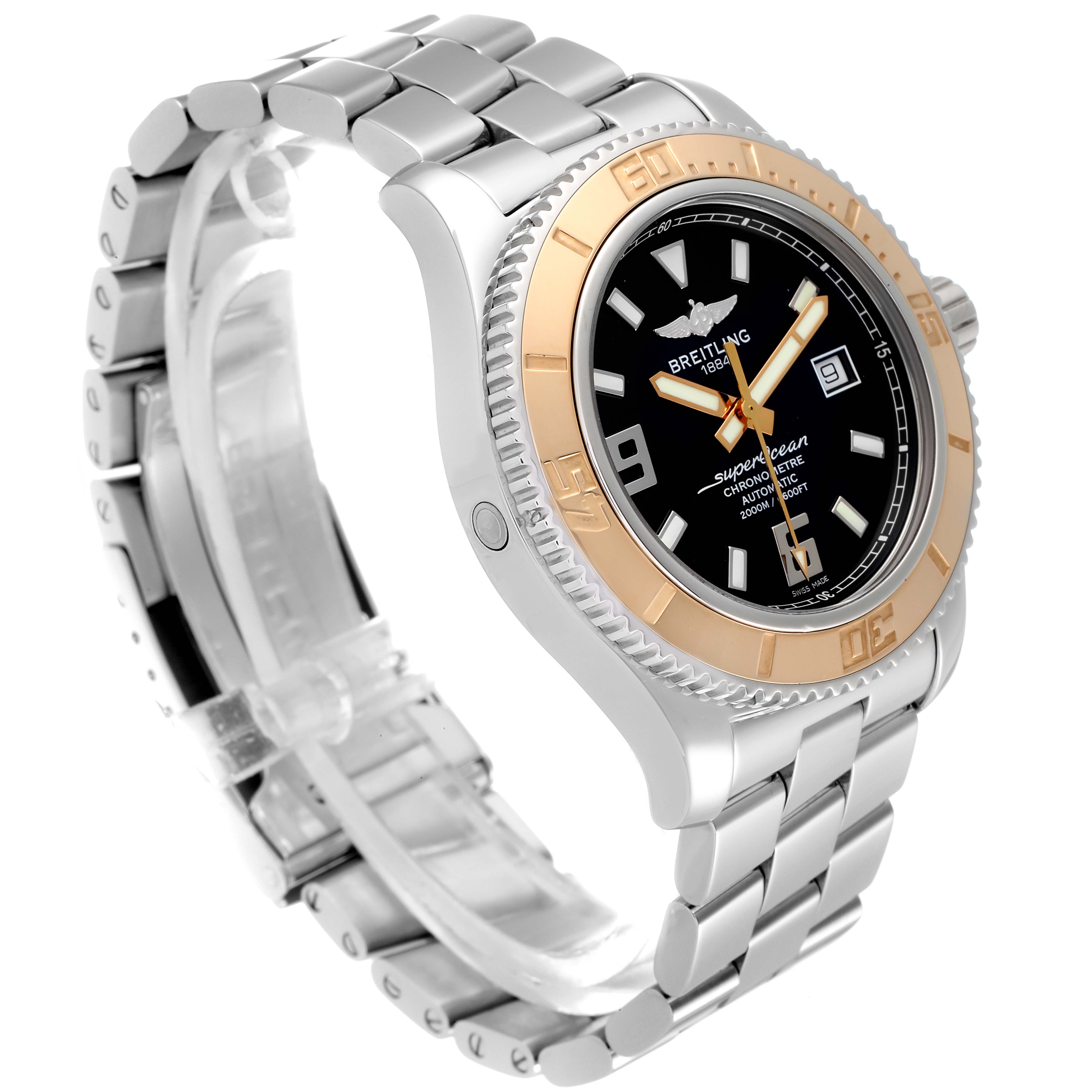 The Breitling Superocean C17391 Men's Steel and Gold (two tone) Black Dial C17391 Men's Steel and Gold (two tone) Black Dial watch is shown at a slight angle, highlighting the bezel, dial, bracelet, and case.