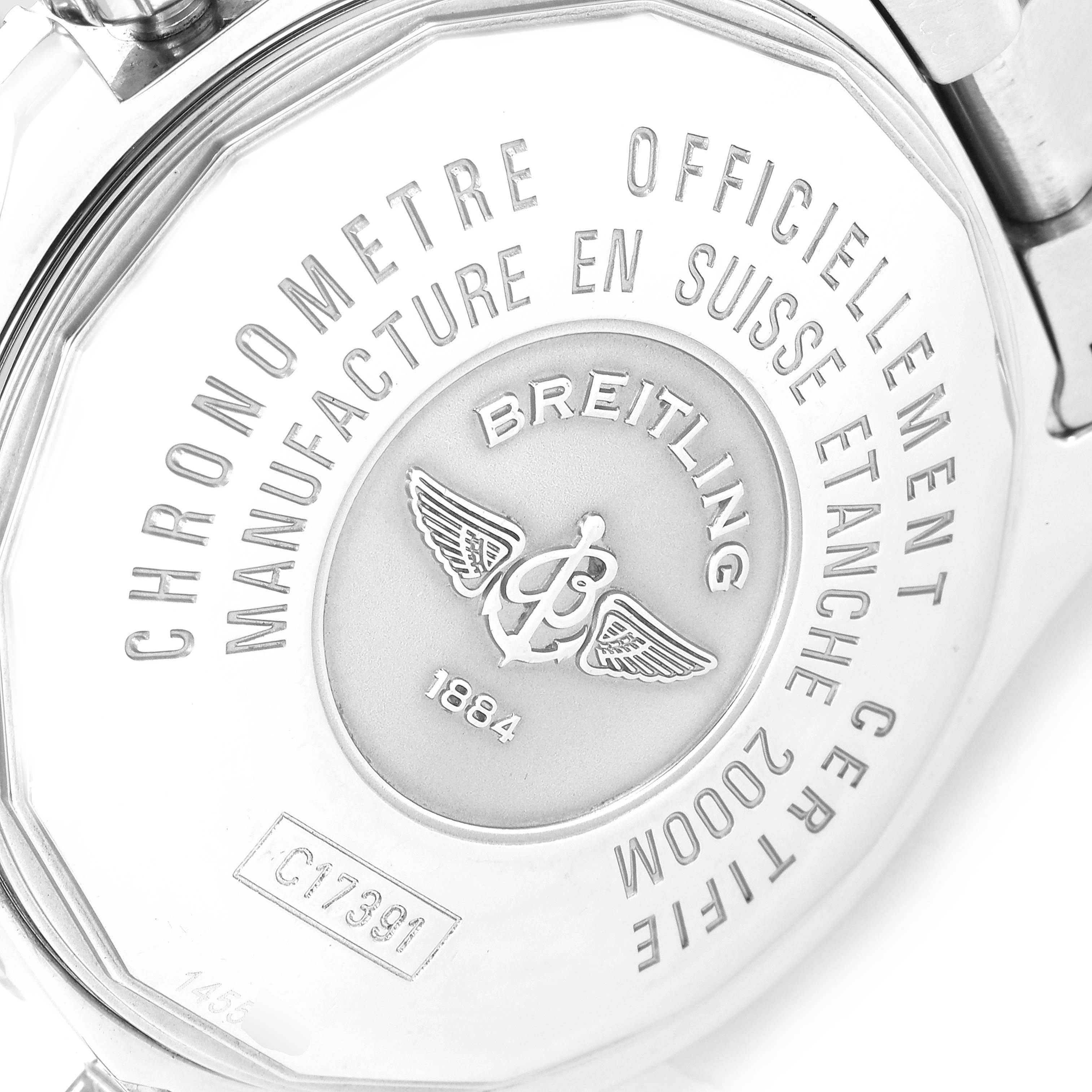 The image shows the case back of a Breitling Superocean C17391 Men's Steel and Gold (two tone) Black Dial C17391 Men's Steel and Gold (two tone) Black Dial watch, engraved with branding and specifications.