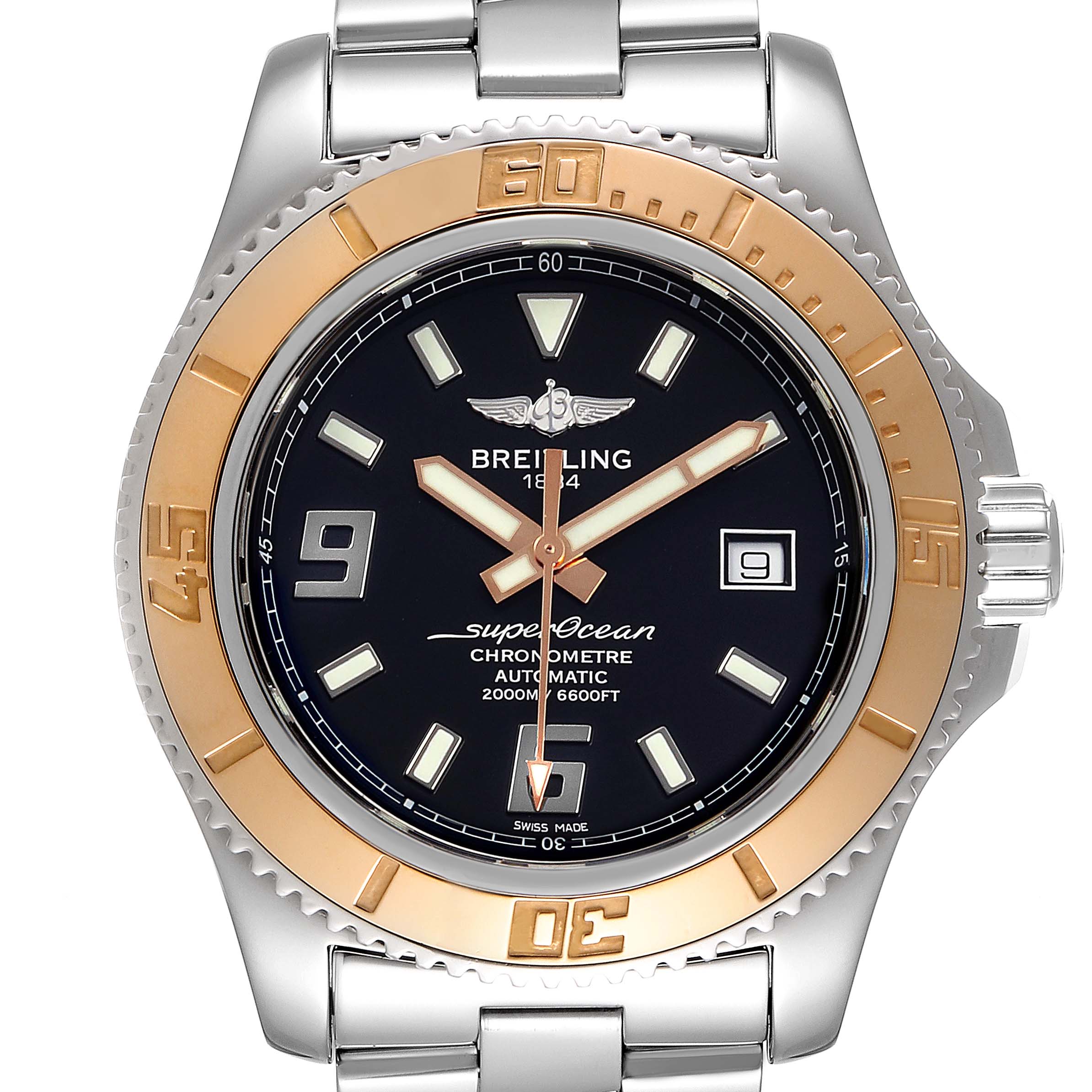 The image shows a front view of a Breitling Superocean C17391 Men's Steel and Gold (two tone) Black Dial C17391 Men's Steel and Gold (two tone) Black Dial watch, displaying the dial, hands, date, bezel, and part of the bracelet.