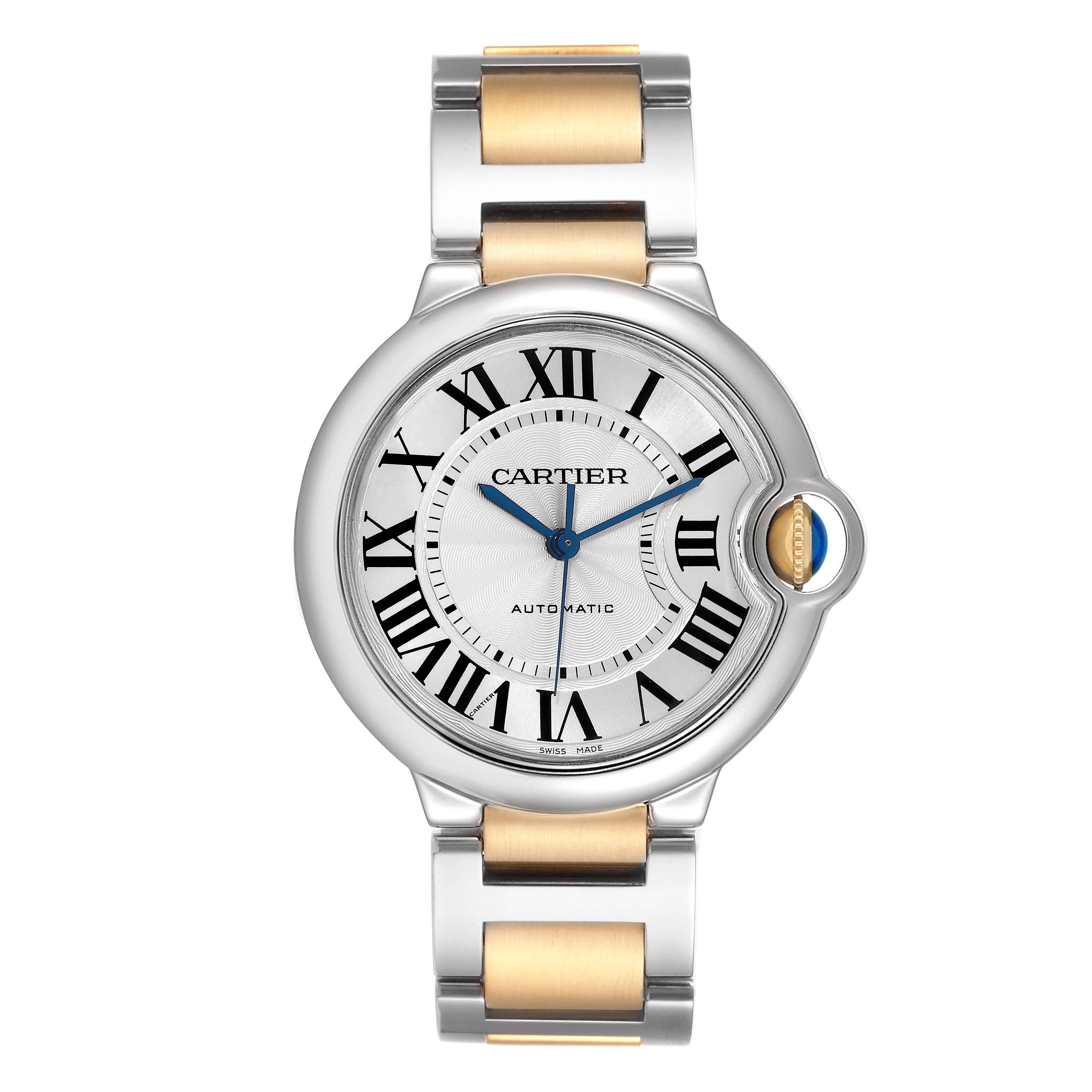 The image shows a Cartier Ballon Bleu W2BB0012 Women
s Steel and Gold (two tone) Silver Dial W2BB0012 Women
s Steel and Gold (two tone) Silver Dial watch from a frontal angle, highlighting the face, Roman numeral hour markers, and bracelet.