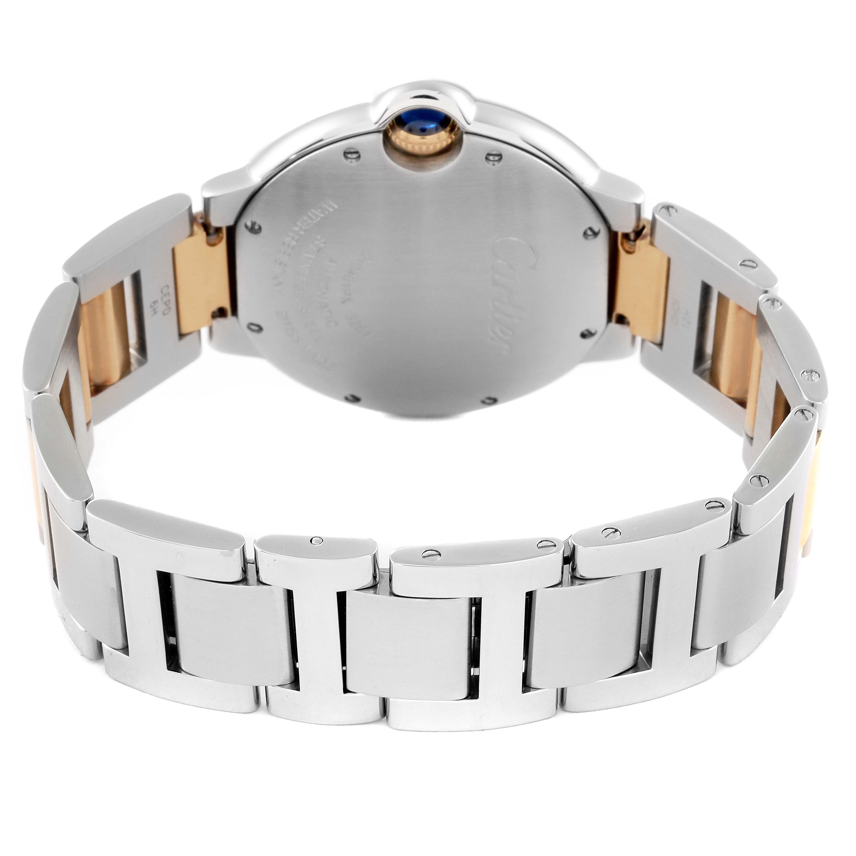 This image shows the back and bracelet of a Cartier Ballon Bleu W2BB0012 Women
s Steel and Gold (two tone) Silver Dial W2BB0012 Women
s Steel and Gold (two tone) Silver Dial watch, highlighting its clasp and links.