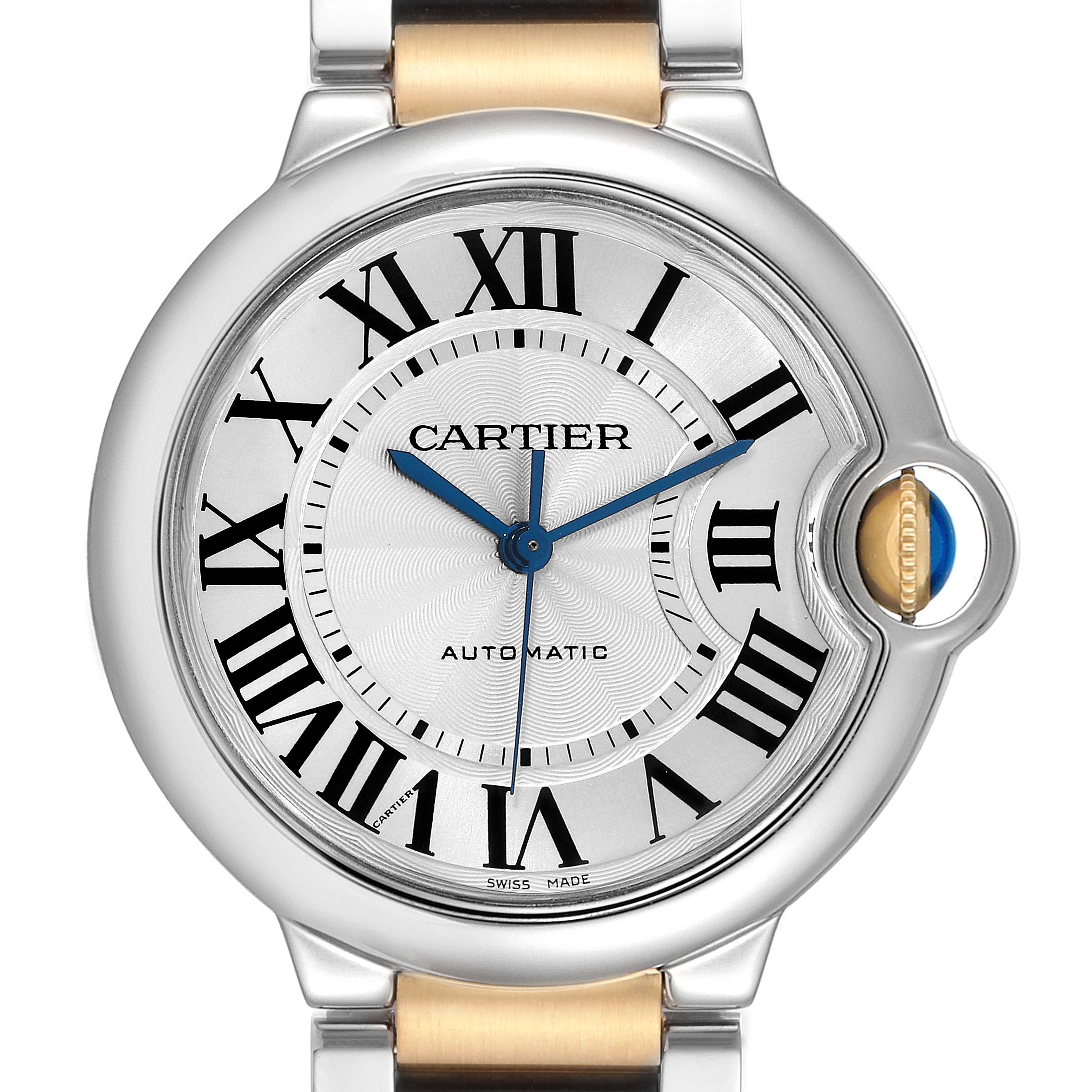 The image shows a front view of the Cartier Ballon Bleu W2BB0012 Women
s Steel and Gold (two tone) Silver Dial W2BB0012 Women
s Steel and Gold (two tone) Silver Dial watch, highlighting its dial with Roman numerals, blued hands, and a unique crown guard.