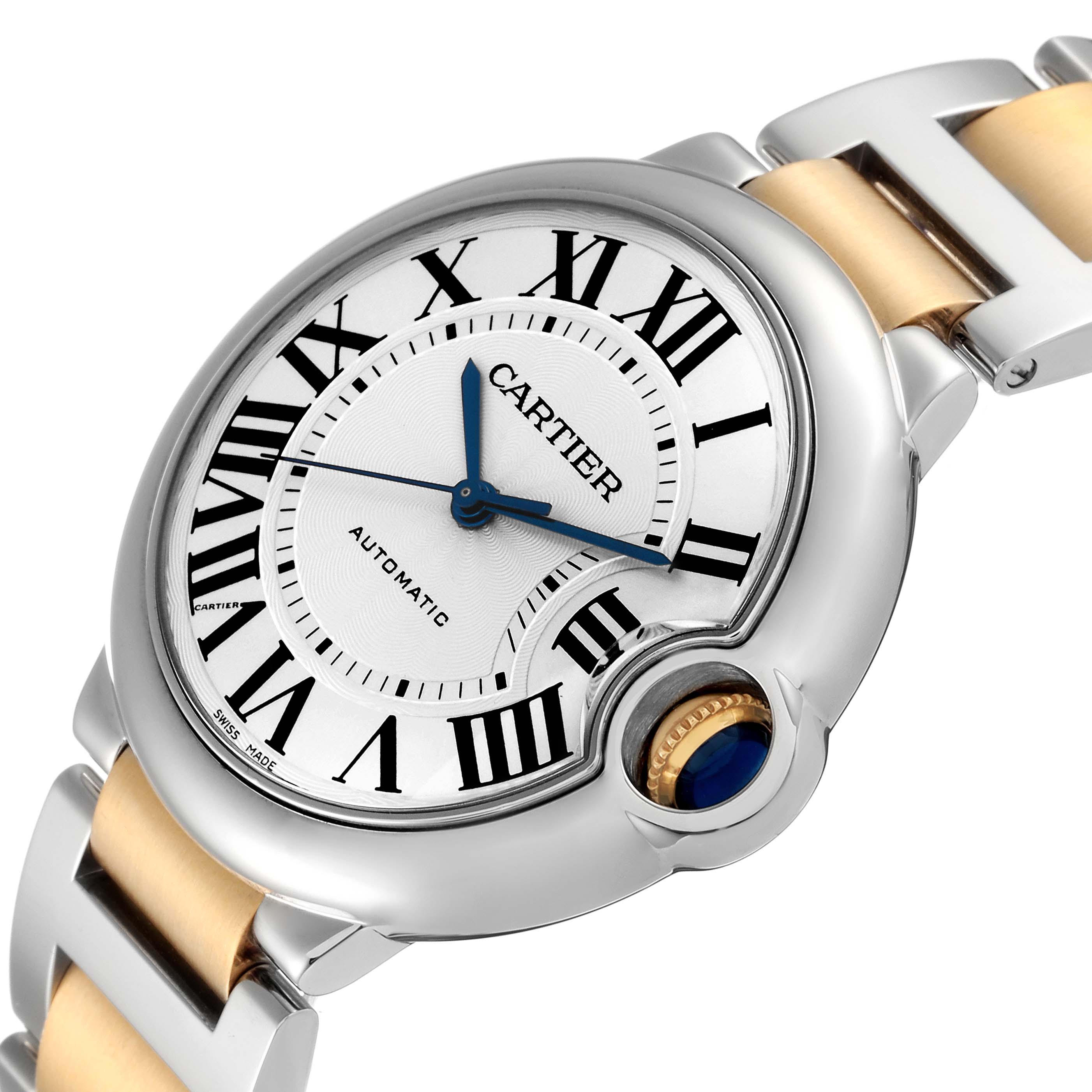 The Cartier Ballon Bleu W2BB0012 Women
s Steel and Gold (two tone) Silver Dial W2BB0012 Women
s Steel and Gold (two tone) Silver Dial watch is shown at an angle highlighting the dial, crown, and part of the two-tone bracelet.