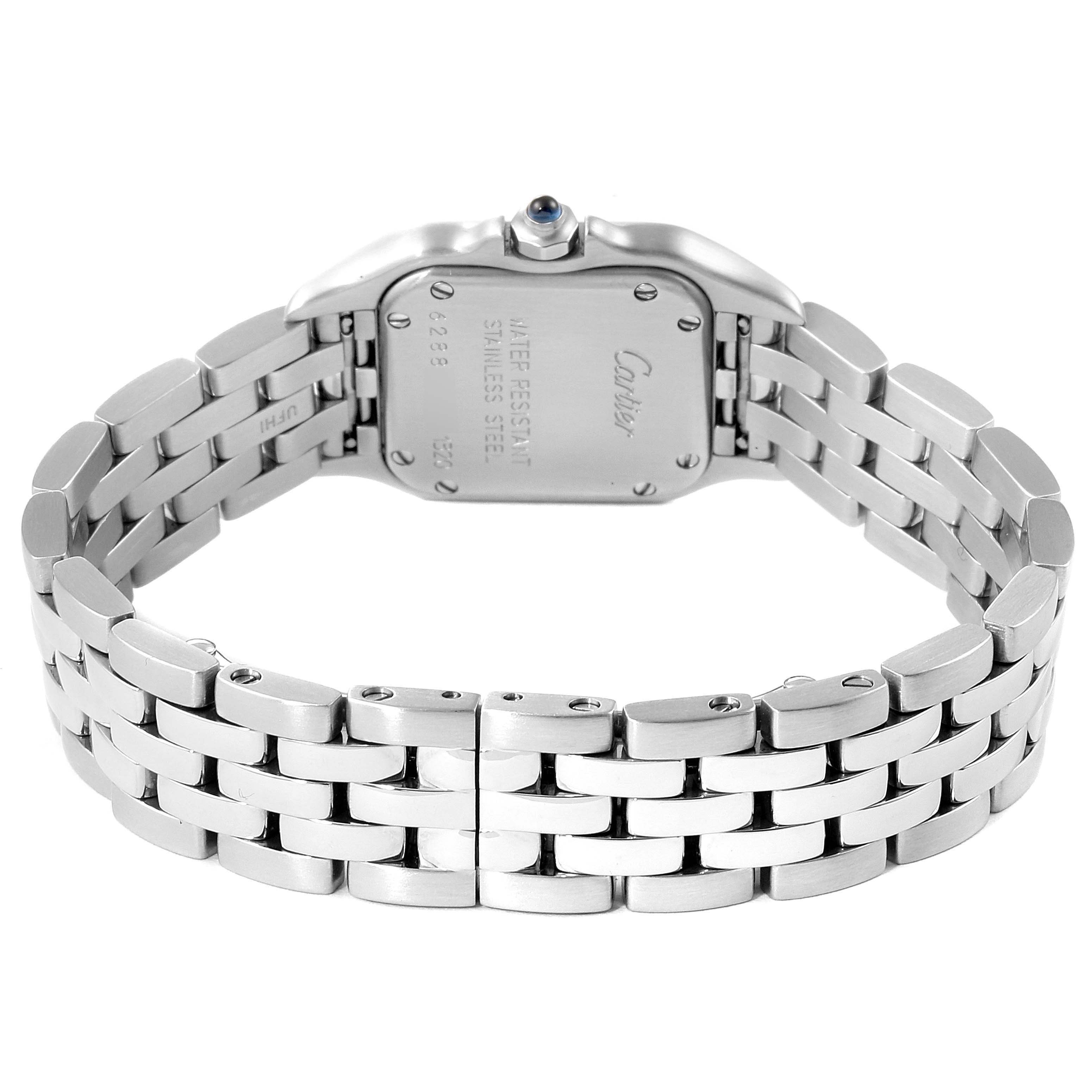 The image shows the back view of the Panthère de Cartier watch, focusing on the clasp and stainless steel bracelet.