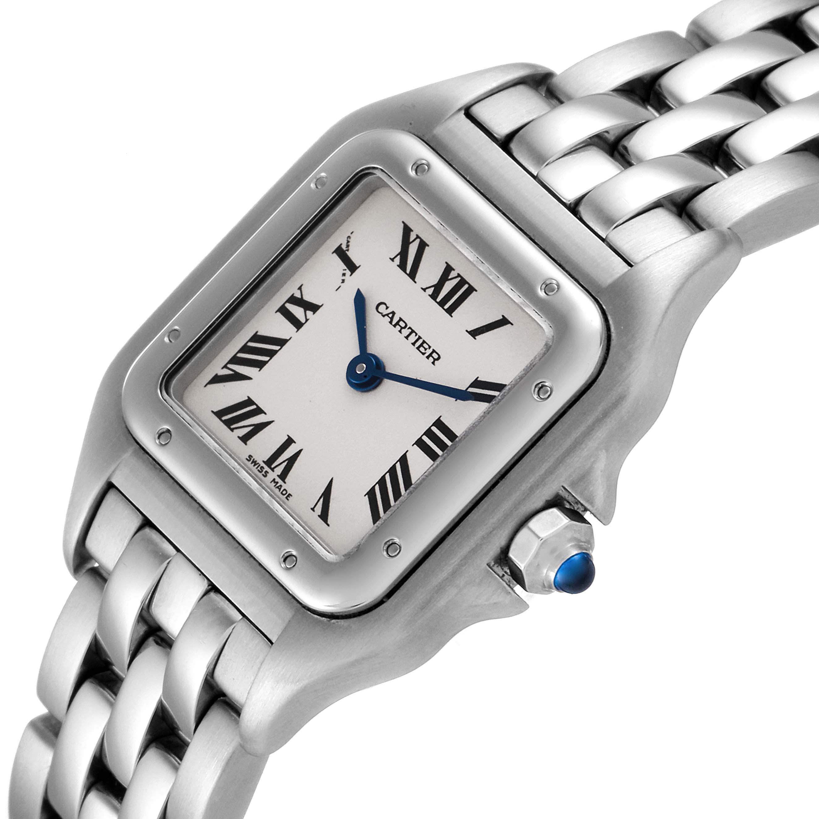 The image shows a Cartier Panthere W25033P5 Women's Stainless Steel Silver Dial W25033P5 Women's Stainless Steel Silver Dial watch from a top angle, showcasing its face, Roman numerals, and part of the metal bracelet.