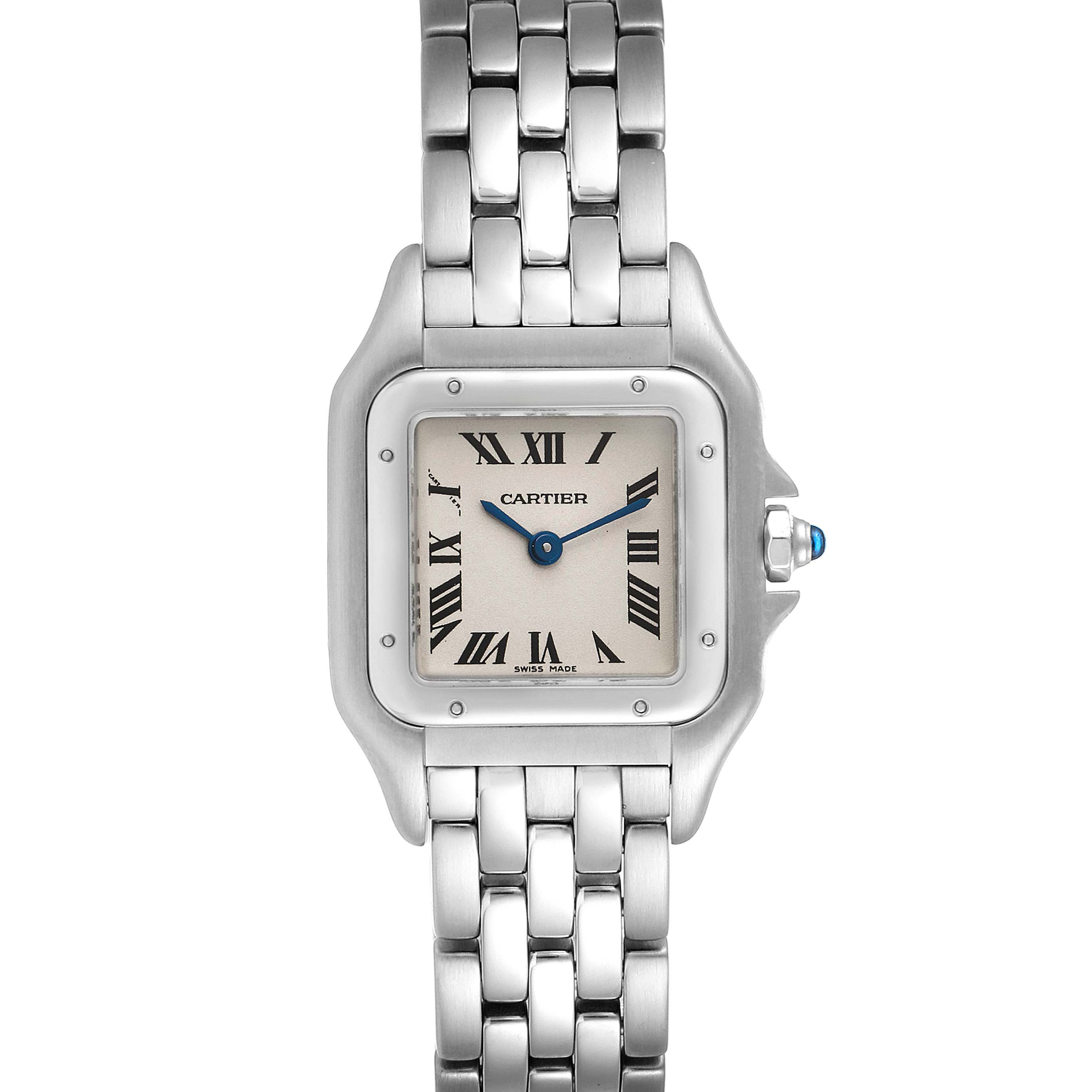 The image shows a front view of the Cartier Panthere W25033P5 Women's Stainless Steel Silver Dial W25033P5 Women's Stainless Steel Silver Dial model watch, highlighting its square face, Roman numerals, and metal bracelet.