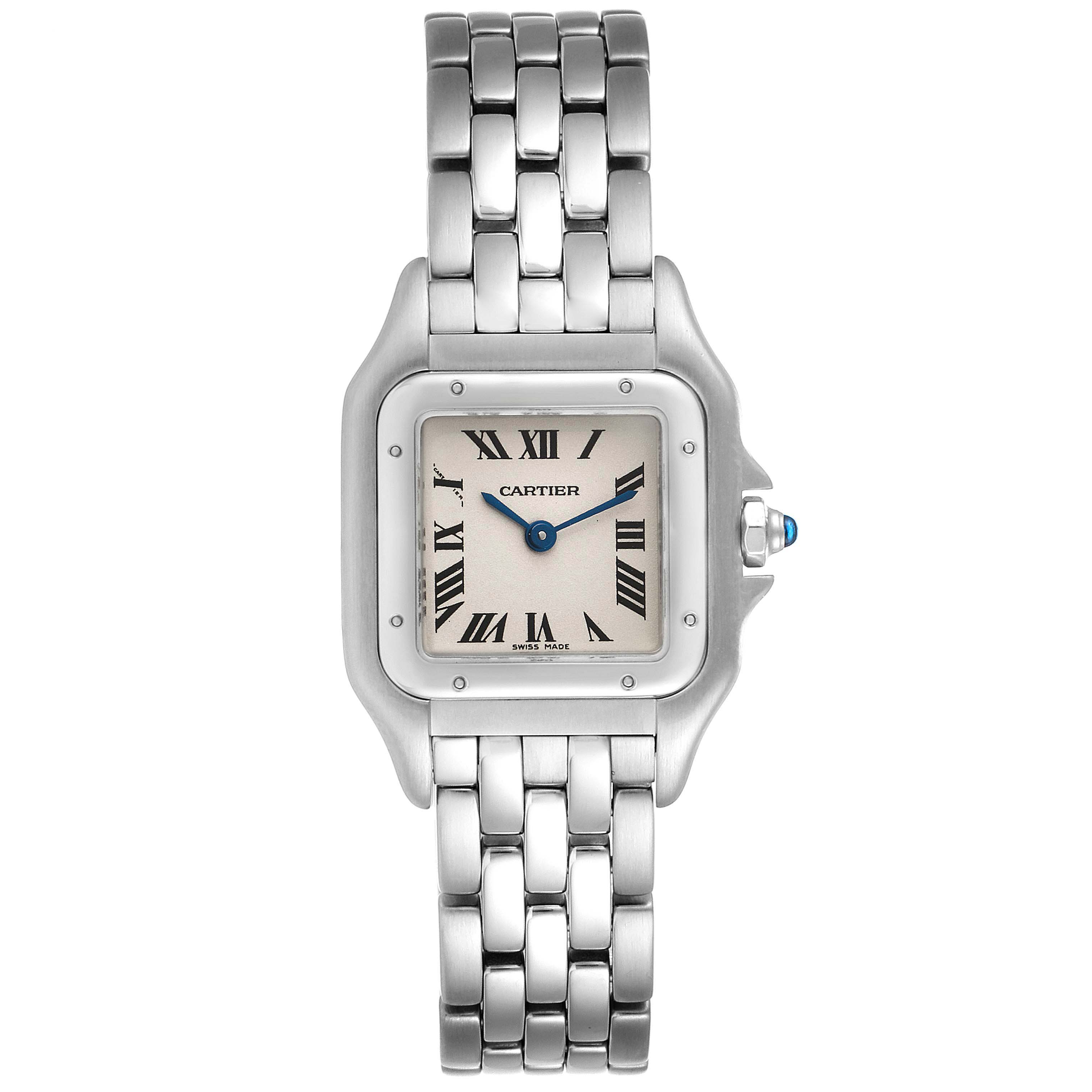 This image shows a front view of the Cartier Panthere W25033P5 Women's Stainless Steel Silver Dial W25033P5 Women's Stainless Steel Silver Dial watch, displaying its face, bezel, and bracelet.