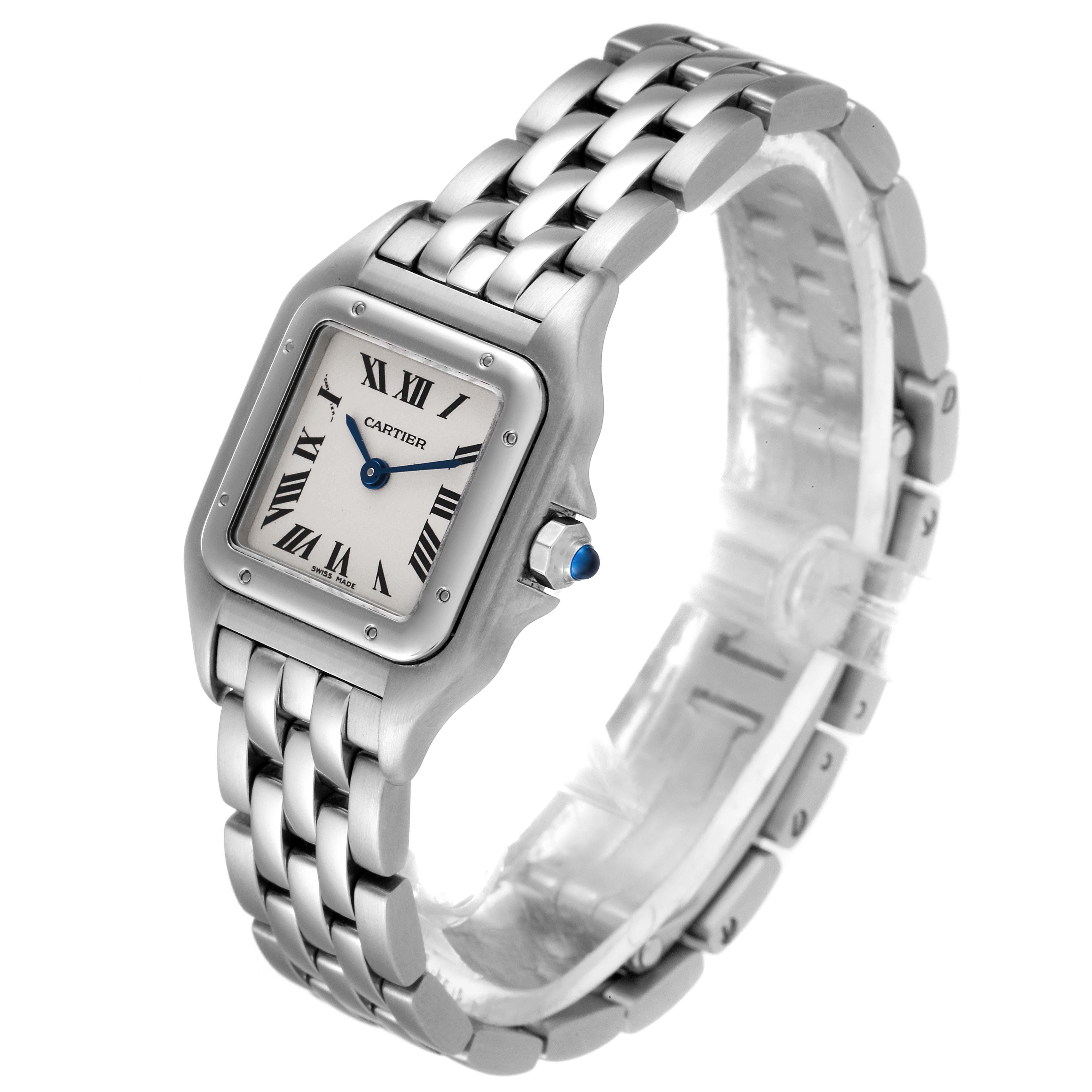 The Panthere de Cartier watch is shown from a slight side angle, highlighting the face, bracelet, and crown.