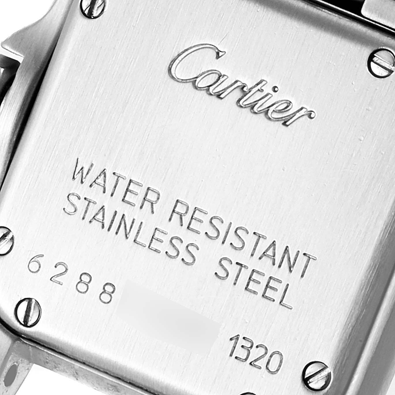 The image shows the back case of a Cartier Panthere W25033P5 Women's Stainless Steel Silver Dial W25033P5 Women's Stainless Steel Silver Dial watch, highlighting its water resistance and stainless steel material.