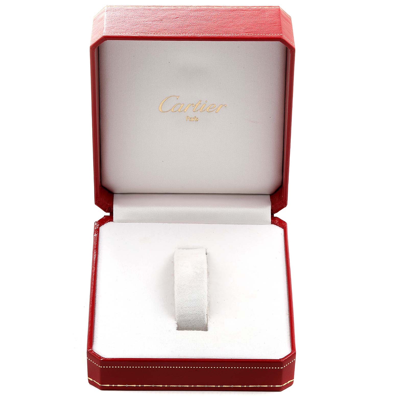 The image shows an open red Cartier watch box for the Panthere model, displaying its interior padding.