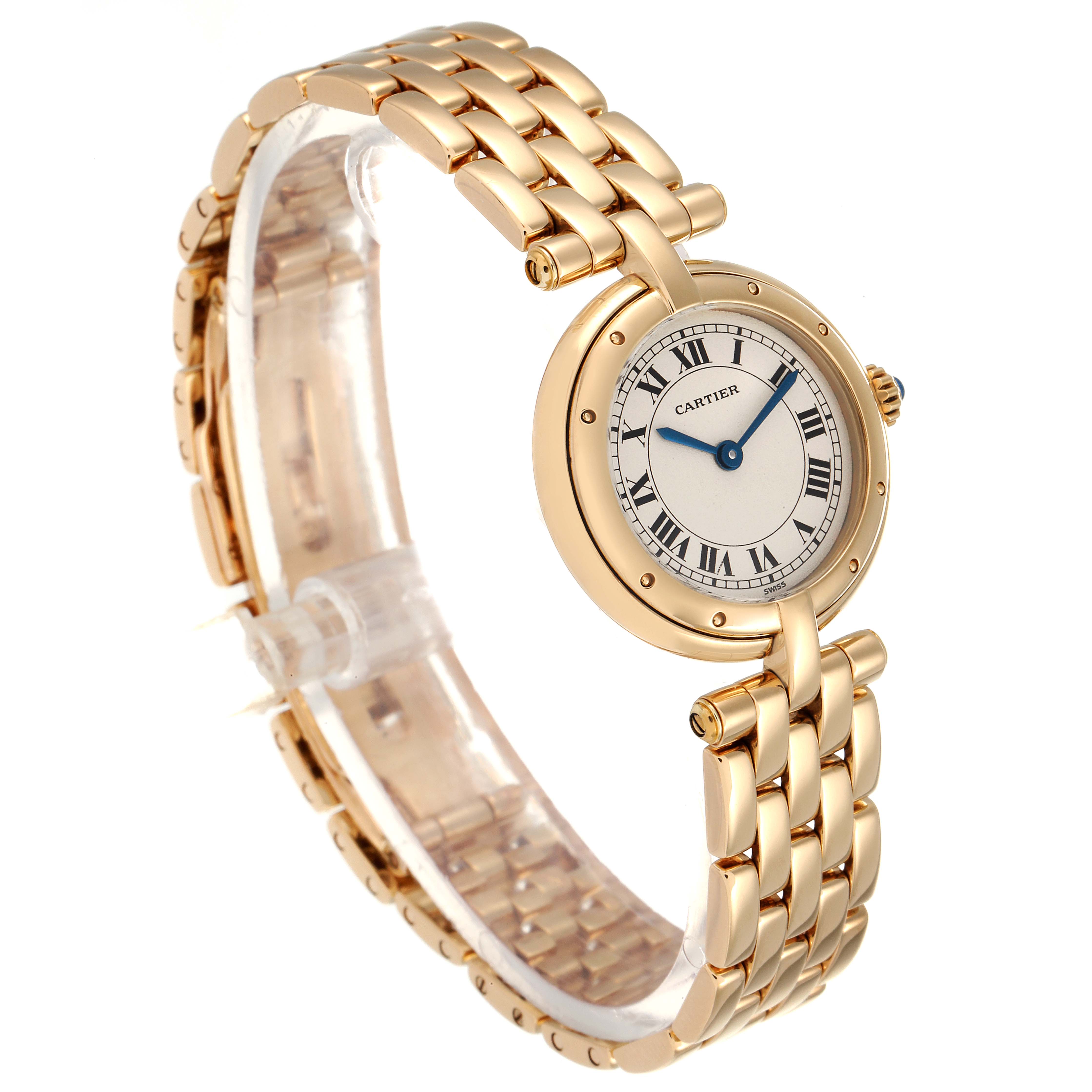 The image shows a side angle of the Cartier Panthere 6692 Women's Yellow Gold Silver Dial 6692 Women's Yellow Gold Silver Dial watch, highlighting its gold band and round face with Roman numerals.