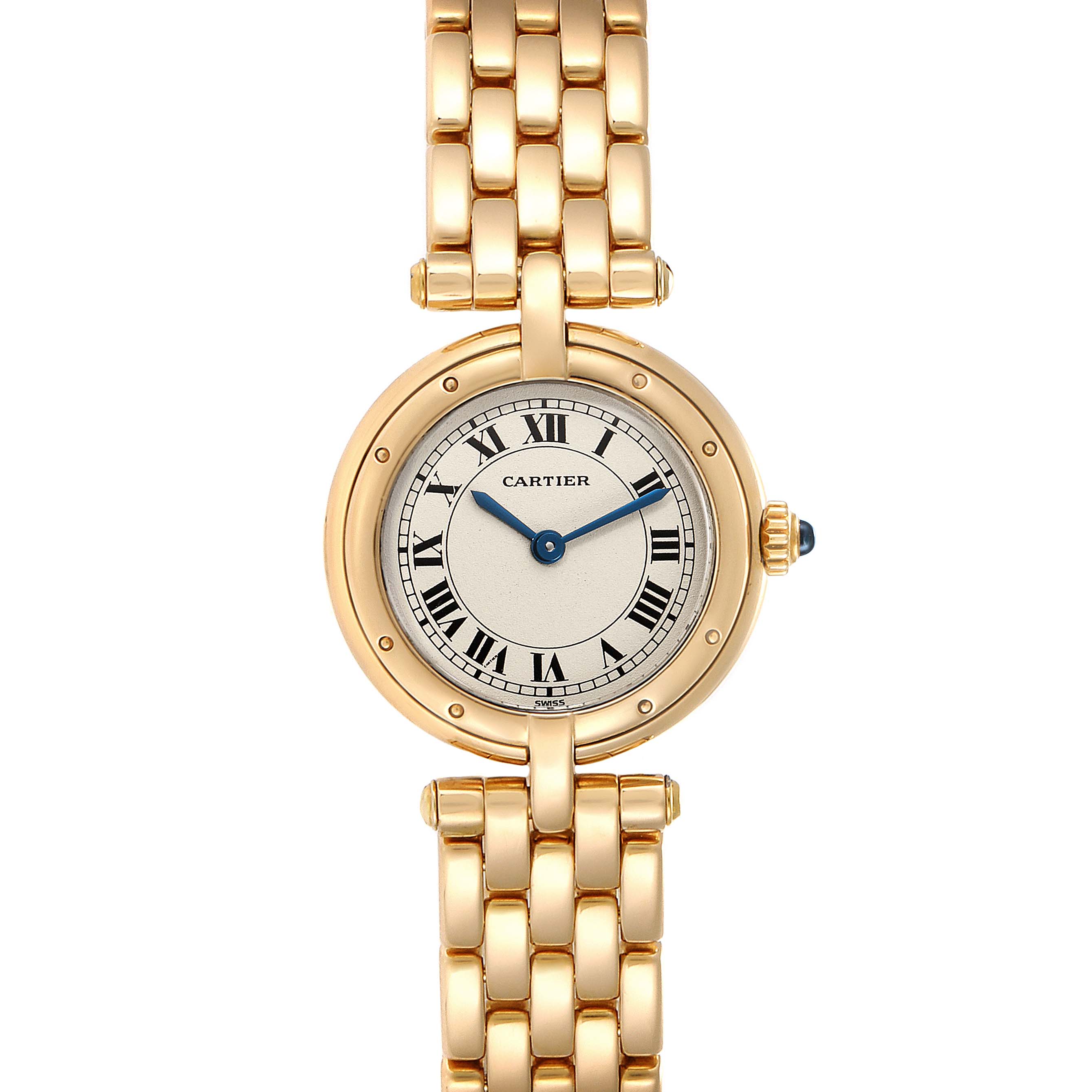 The image shows a front view of the Panthere model by Cartier, featuring its round dial and gold bracelet.