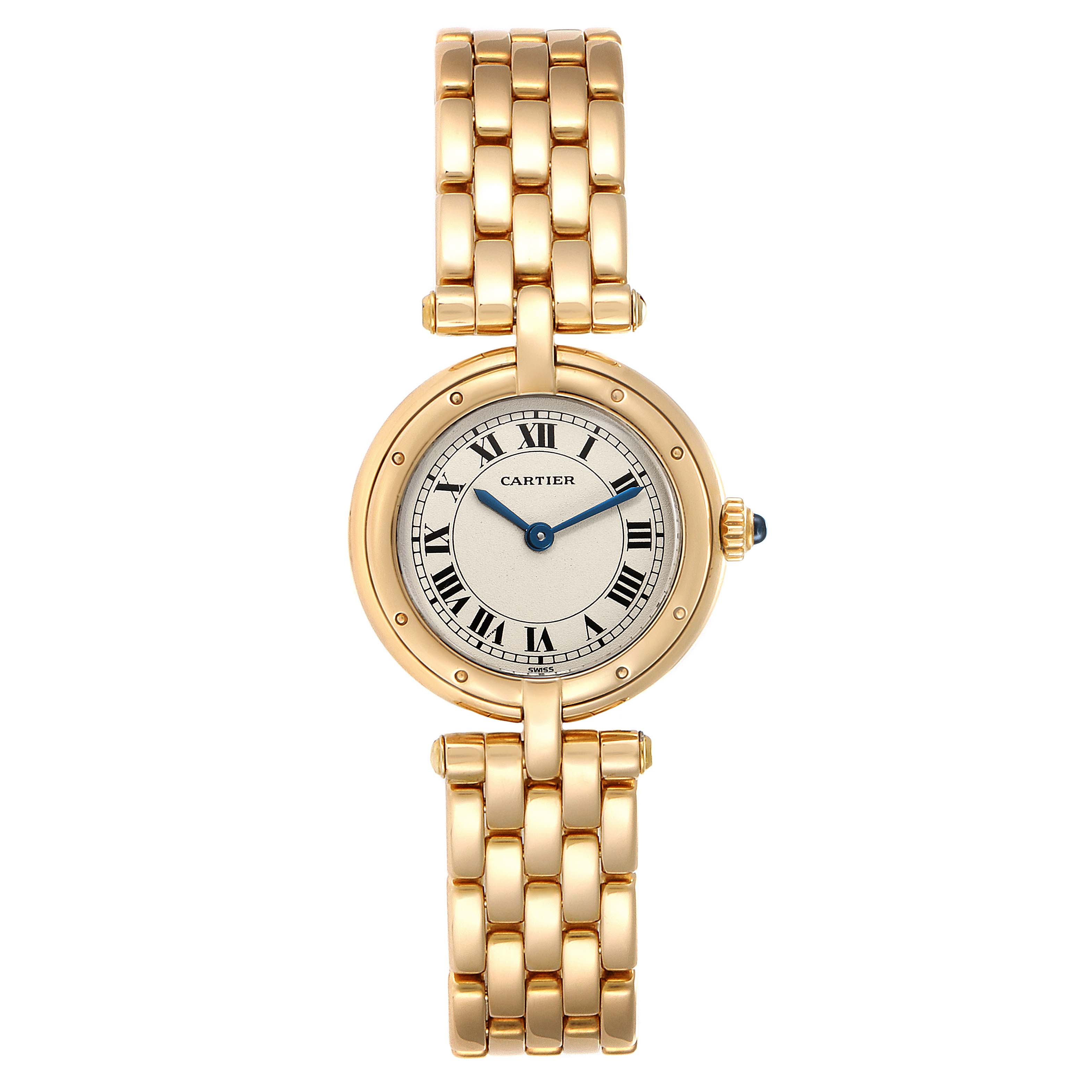 This is a front view of a Cartier Panthere 6692 Women's Yellow Gold Silver Dial 6692 Women's Yellow Gold Silver Dial watch showcasing its round face, Roman numeral dial, and gold bracelet.