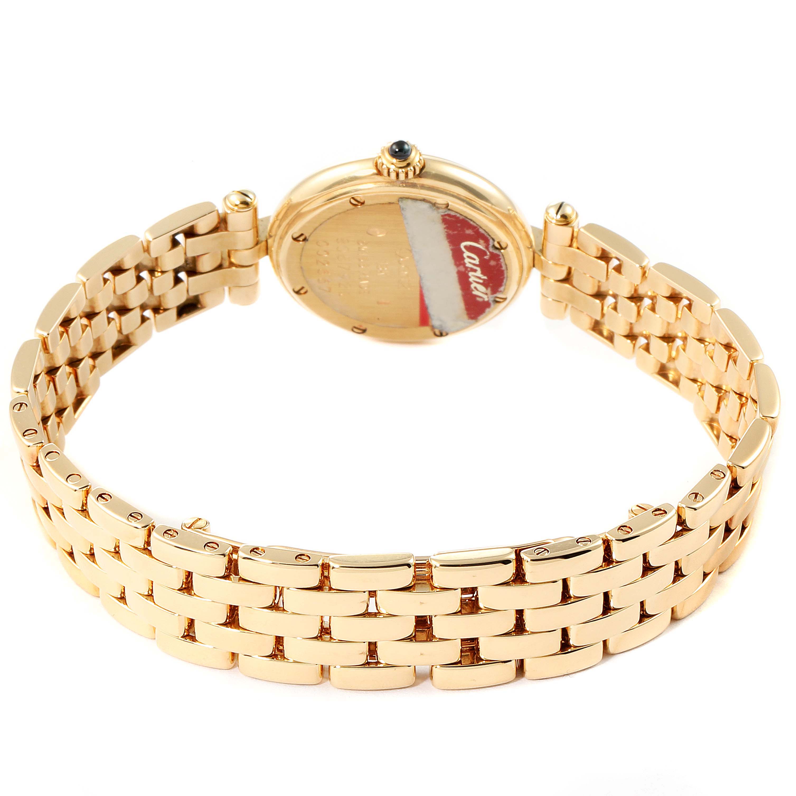 This image shows the back view of the Cartier Panthere 6692 Women's Yellow Gold Silver Dial 6692 Women's Yellow Gold Silver Dial watch and its gold bracelet.