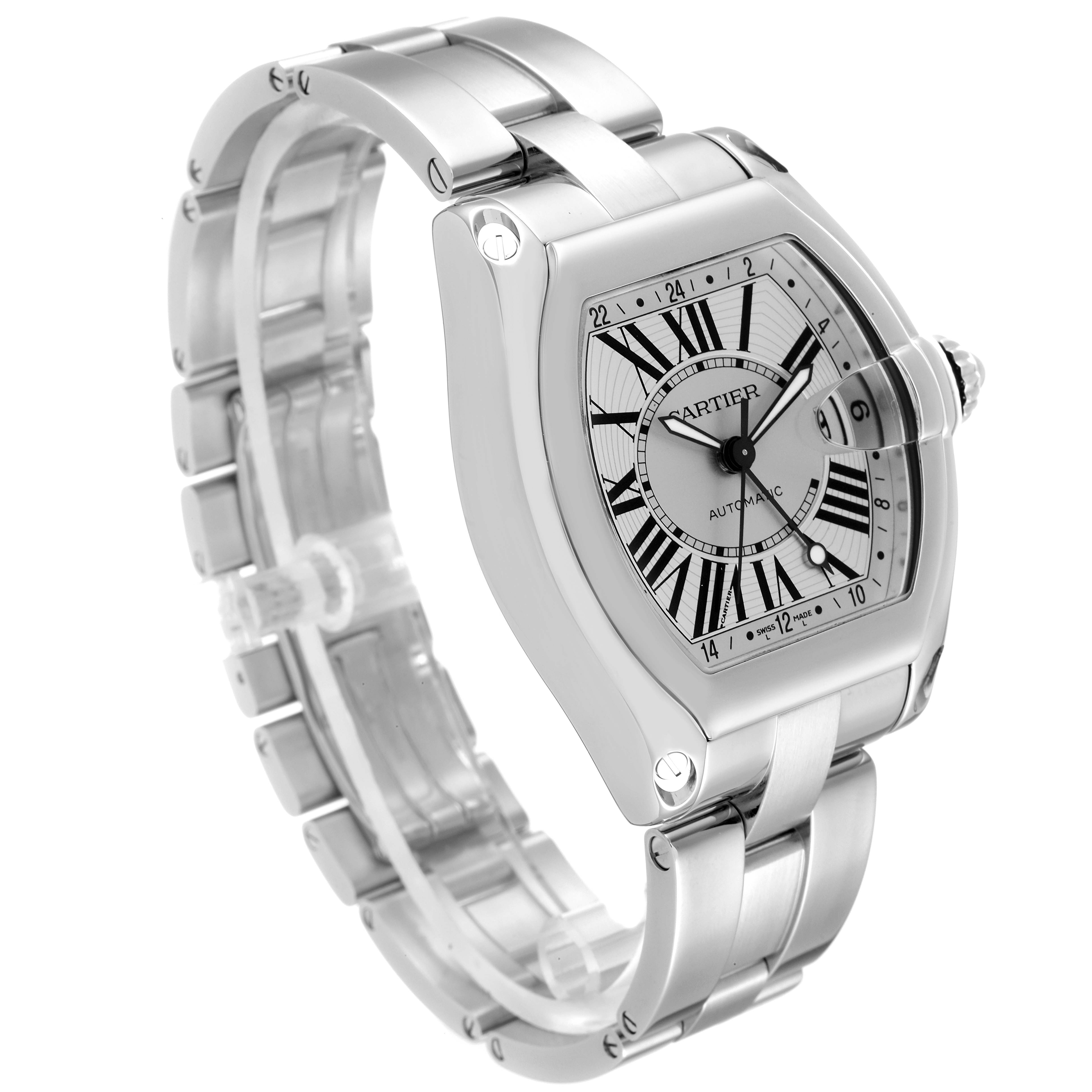 The image shows a side angle of a Cartier Roadster W62032X6 Men's Stainless Steel Silver Dial W62032X6 Men's Stainless Steel Silver Dial watch, highlighting the face, bezel, bracelet, and crown.