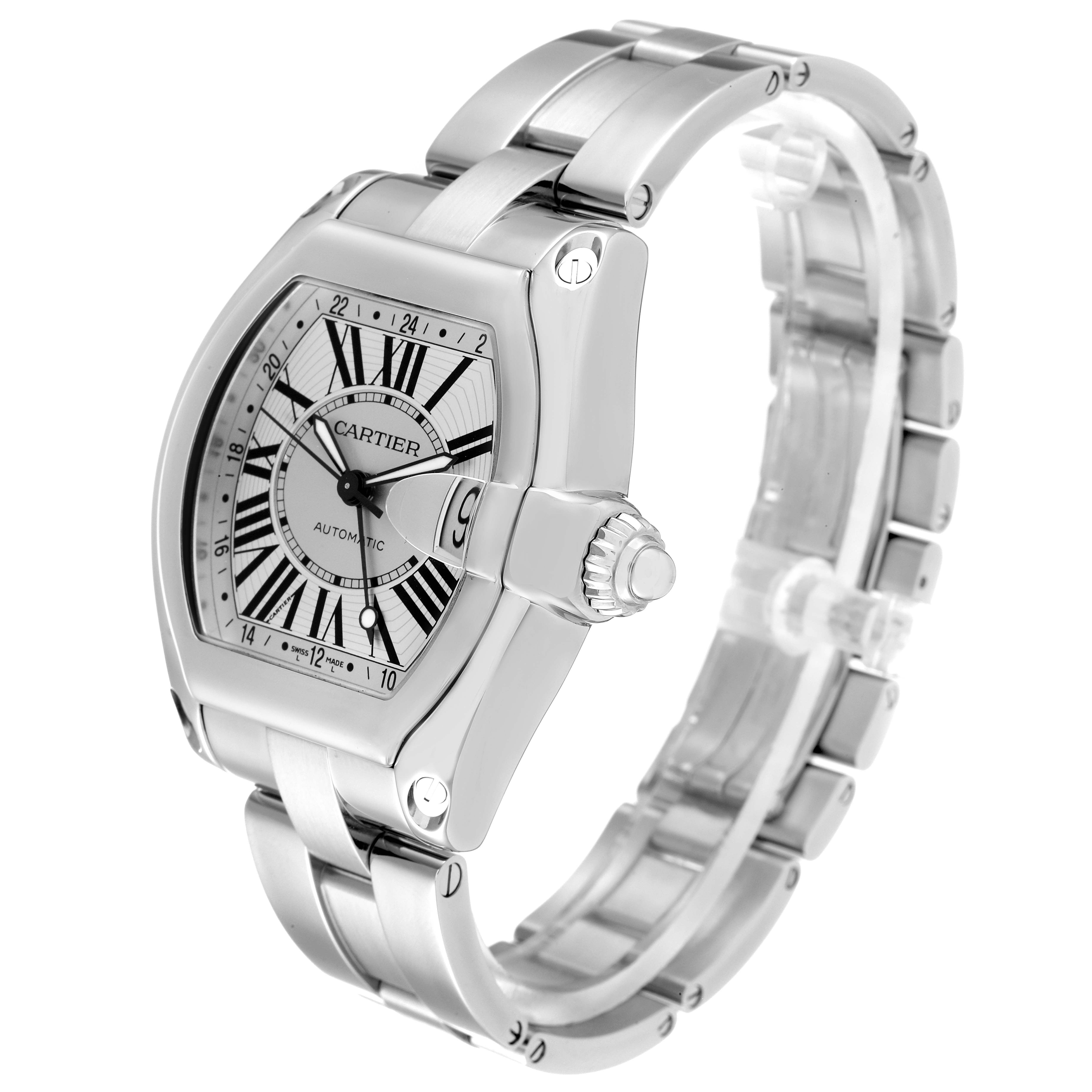 The Cartier Roadster W62032X6 Men's Stainless Steel Silver Dial W62032X6 Men's Stainless Steel Silver Dial watch is shown at a front-left angle displaying the face, crown, and bracelet.