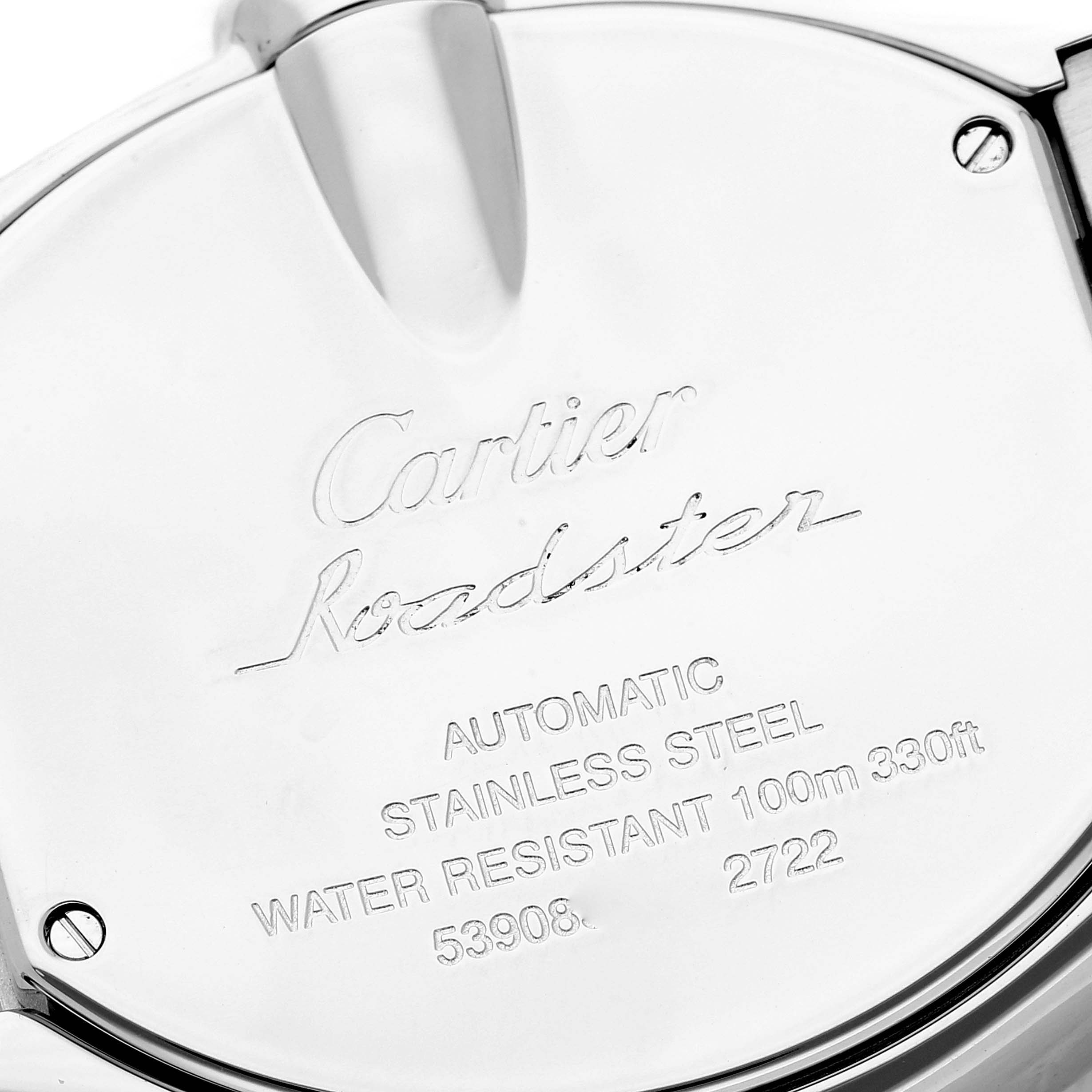This image shows the back case of a Cartier Roadster W62032X6 Men's Stainless Steel Silver Dial W62032X6 Men's Stainless Steel Silver Dial watch, displaying its engravings and specifications.