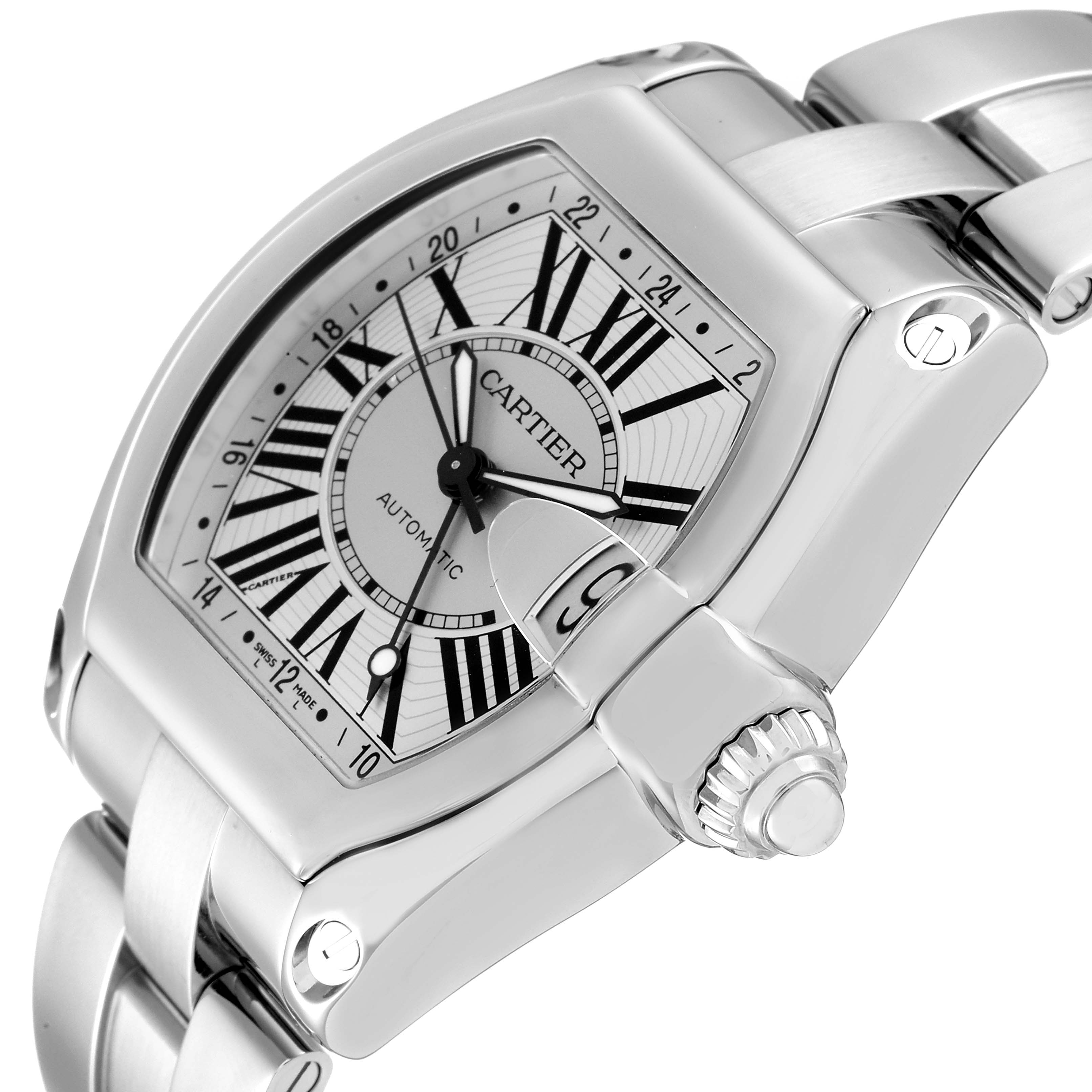 The angle shows a close-up of the Cartier Roadster W62032X6 Men's Stainless Steel Silver Dial W62032X6 Men's Stainless Steel Silver Dial watch face, crown, and part of the bracelet.