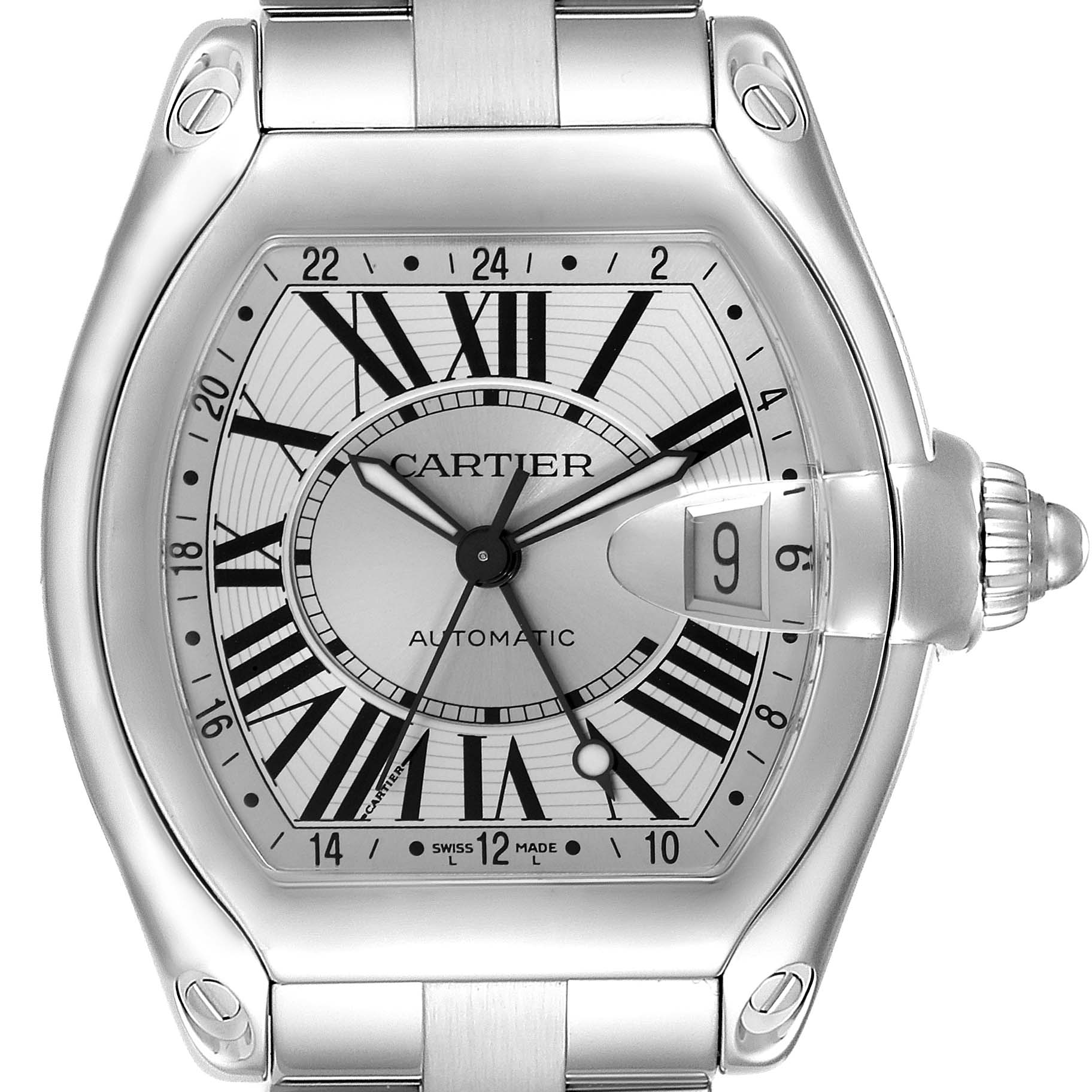This image shows a front view of the Cartier Roadster W62032X6 Men's Stainless Steel Silver Dial W62032X6 Men's Stainless Steel Silver Dial watch, highlighting the dial, Roman numerals, date display, and crown.