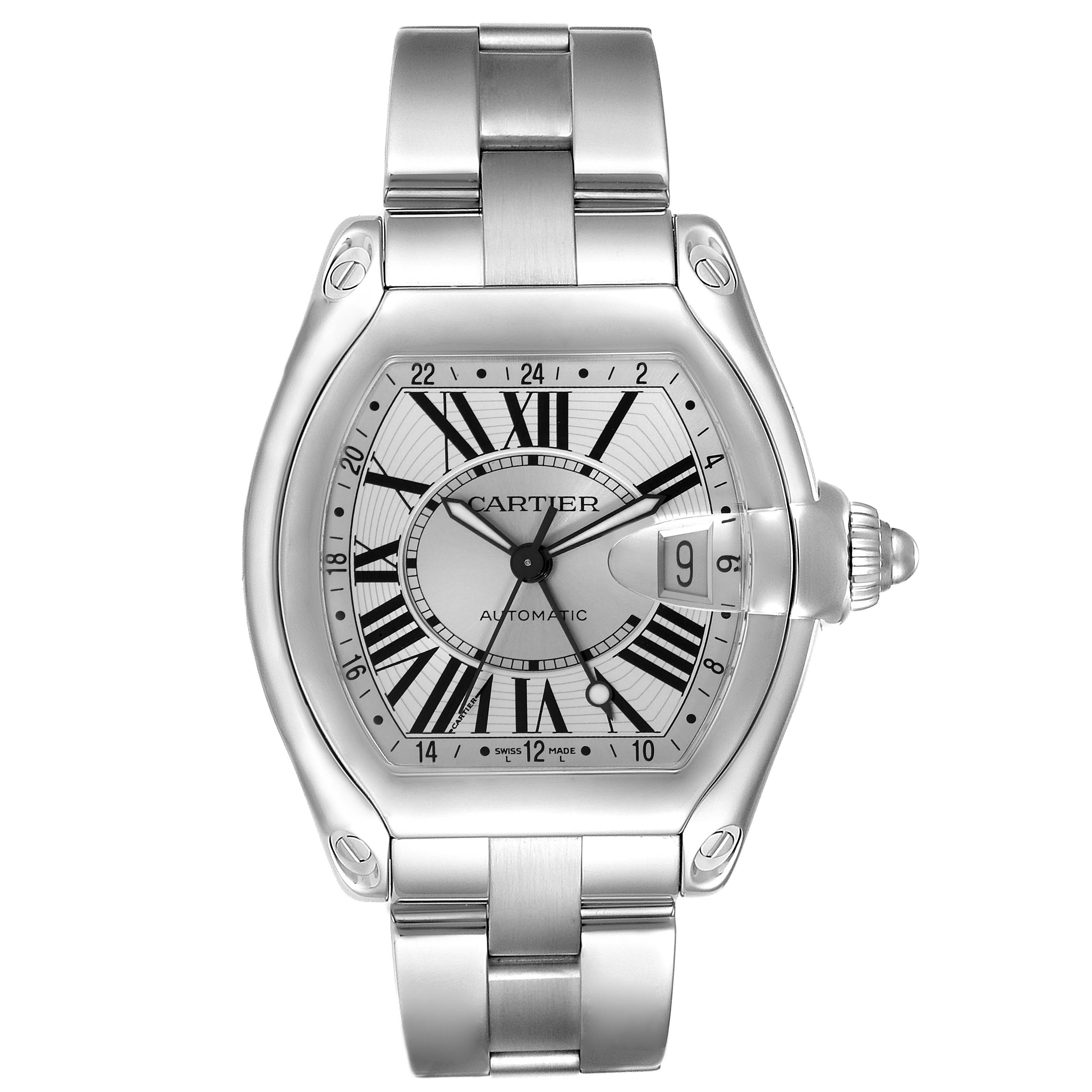 This image shows a frontal view of a Cartier Roadster W62032X6 Men's Stainless Steel Silver Dial W62032X6 Men's Stainless Steel Silver Dial watch displaying its dial, case, and bracelet.