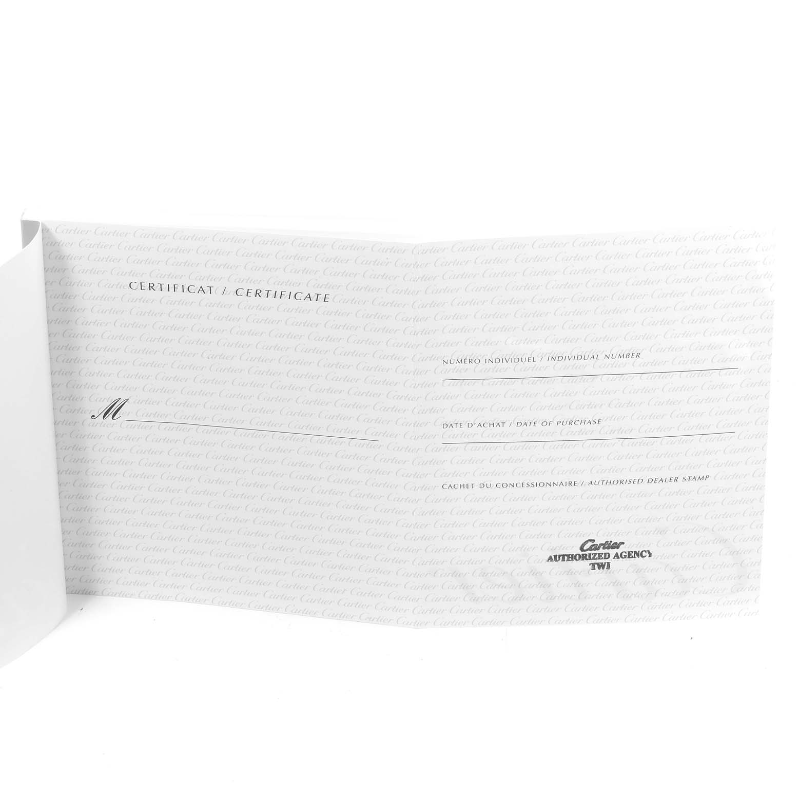 The image shows an open certificate for the Roadster model by Cartier, with sections for individual number, date of purchase, and dealer stamp.