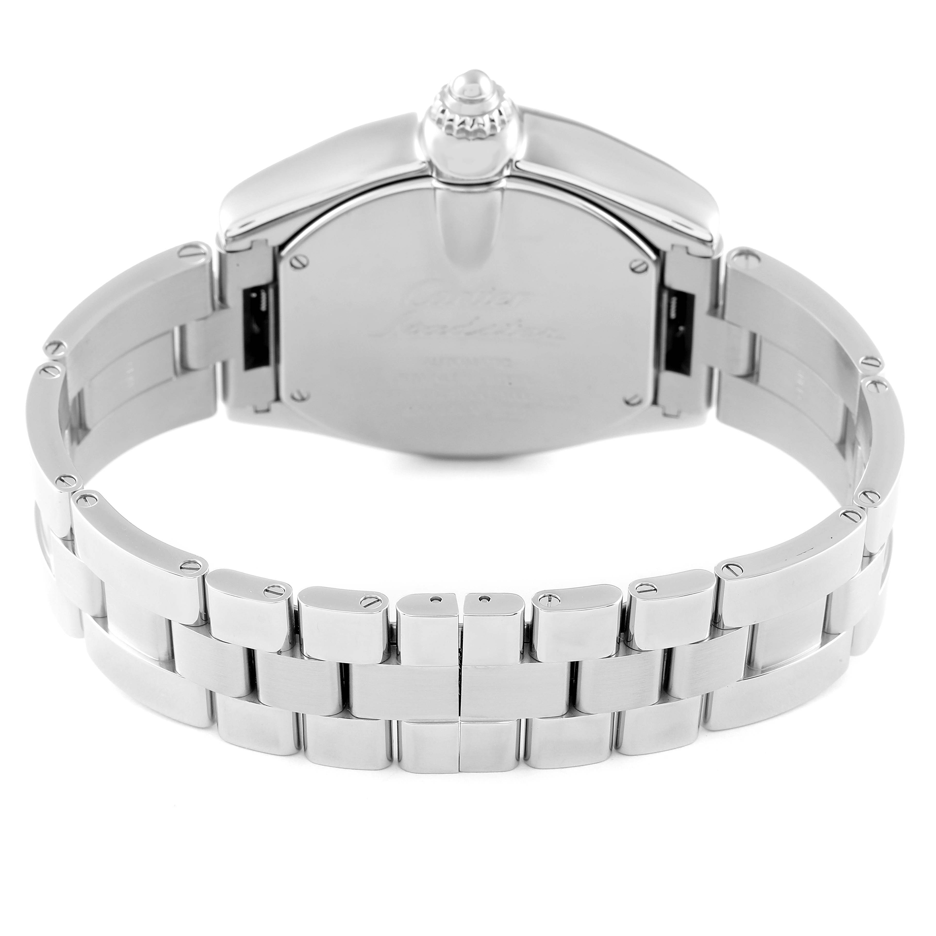 This image shows the back of a Cartier Roadster W62032X6 Men's Stainless Steel Silver Dial W62032X6 Men's Stainless Steel Silver Dial watch, highlighting its case and bracelet.