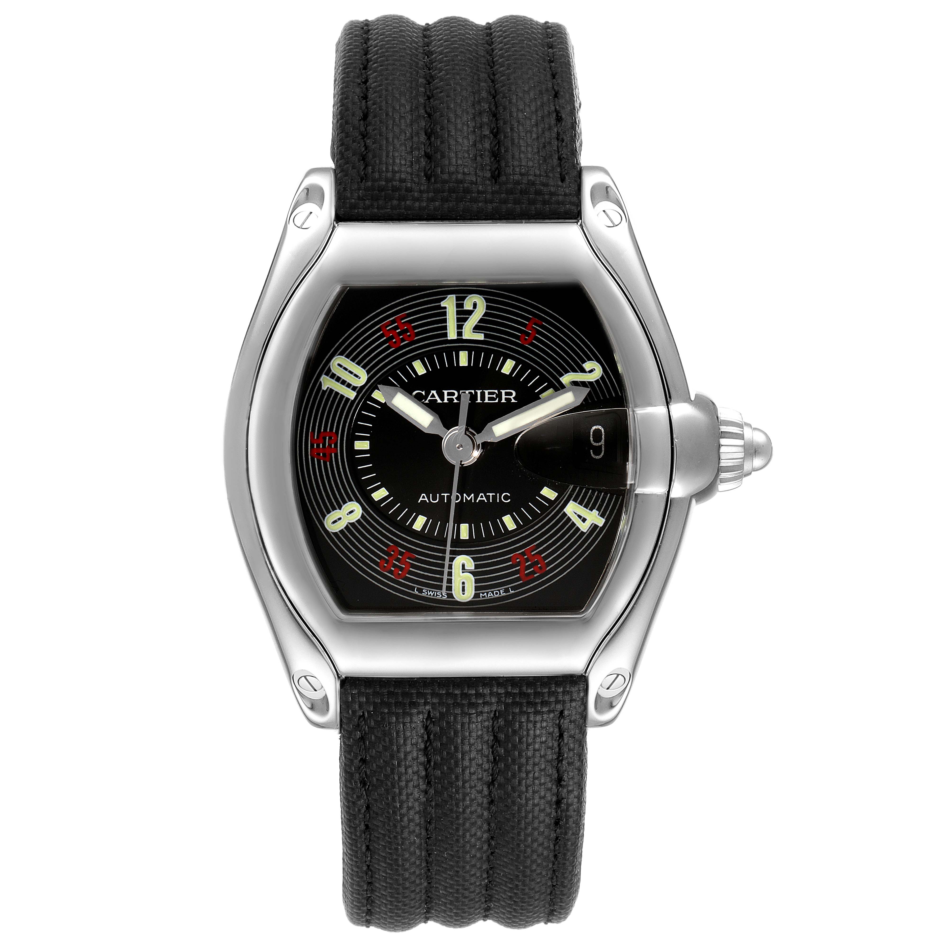 The image shows a Cartier Roadster W62002V3 Men
s Stainless Steel Black Dial W62002V3 Men
s Stainless Steel Black Dial watch from the front, displaying its dial, hands, case, and black strap.