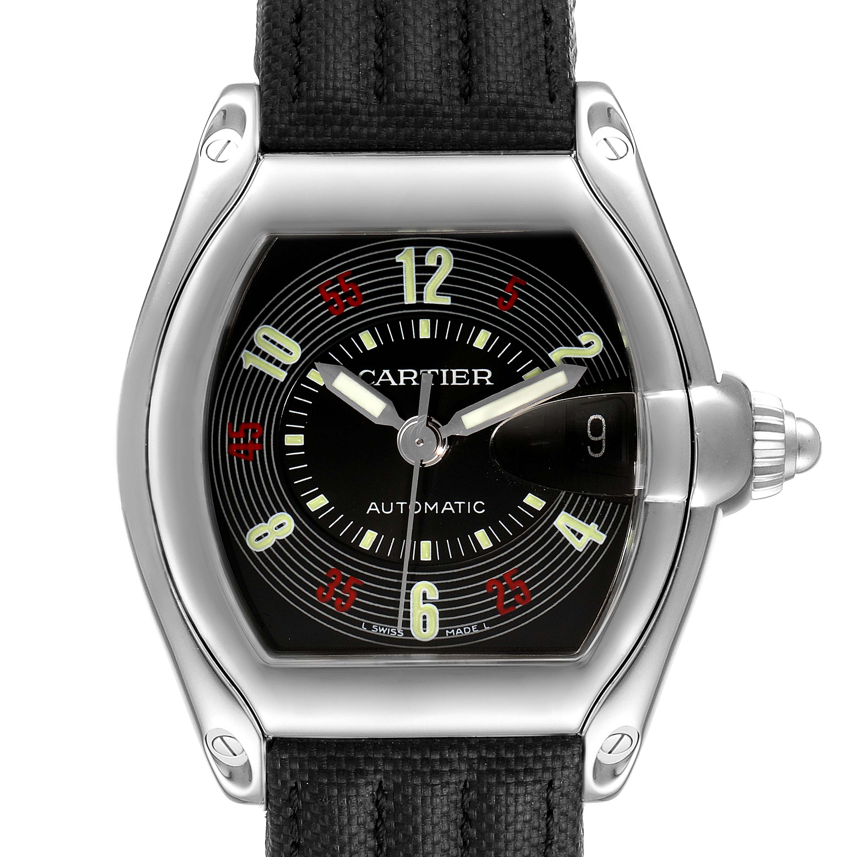 The image shows a front view of a Cartier Roadster W62002V3 Men
s Stainless Steel Black Dial W62002V3 Men
s Stainless Steel Black Dial watch, highlighting its black dial, luminescent hands, and distinctive crown.