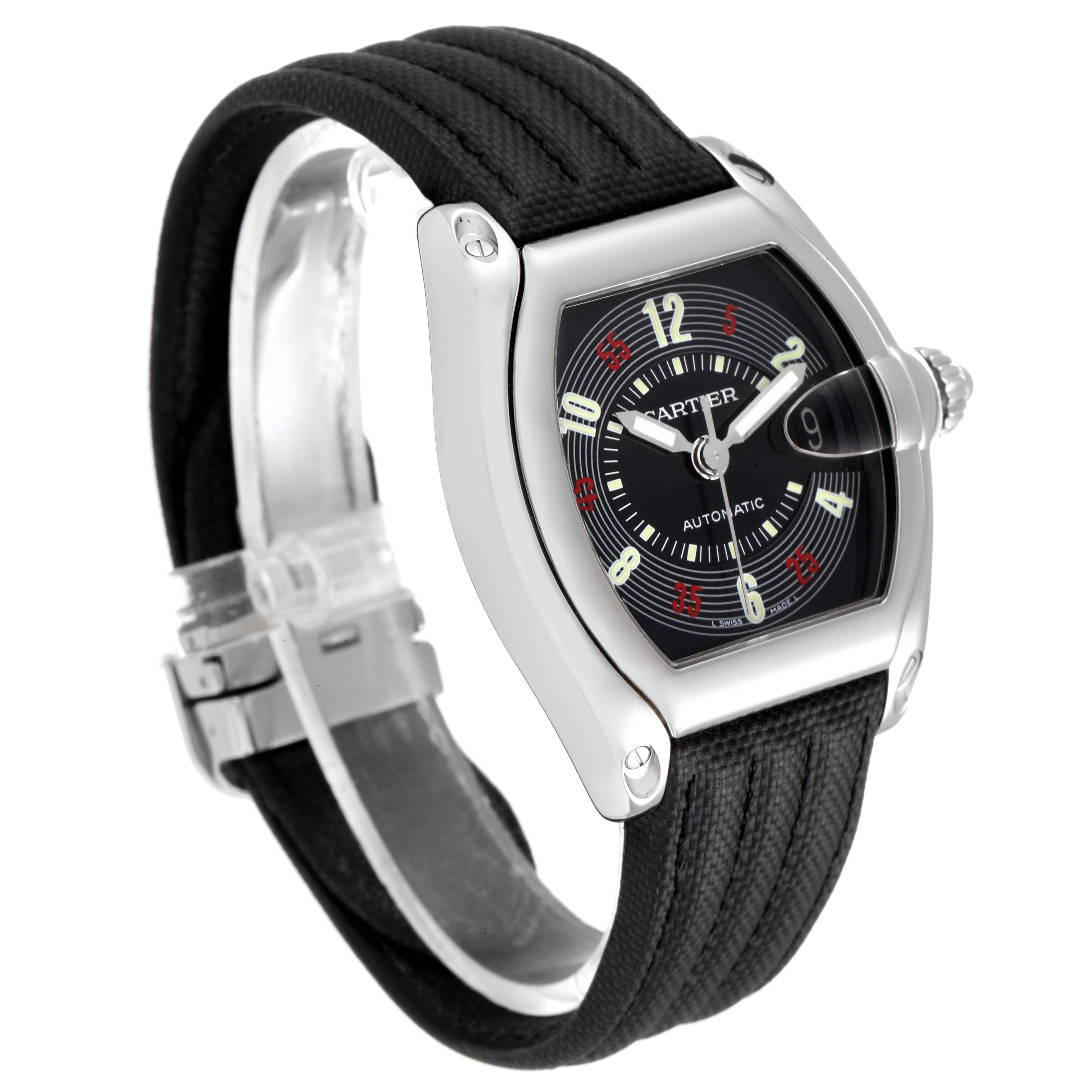 The image shows a Cartier Roadster W62002V3 Men
s Stainless Steel Black Dial W62002V3 Men
s Stainless Steel Black Dial watch at a three-quarter angle, highlighting its face, crown, and black strap.