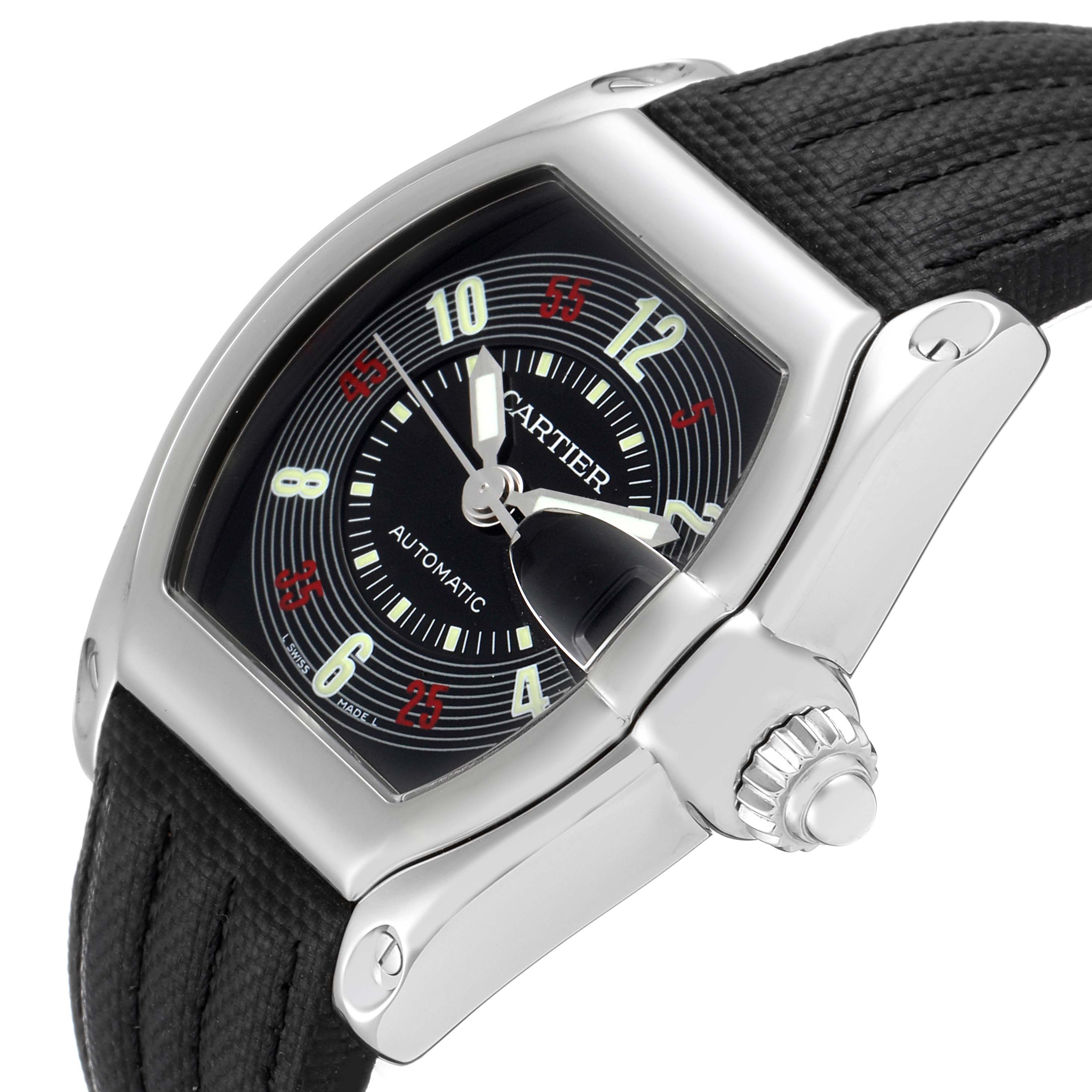 The image shows a close-up angled view of the Cartier Roadster W62002V3 Men
s Stainless Steel Black Dial W62002V3 Men
s Stainless Steel Black Dial watch, highlighting its dial, crown, and strap.
