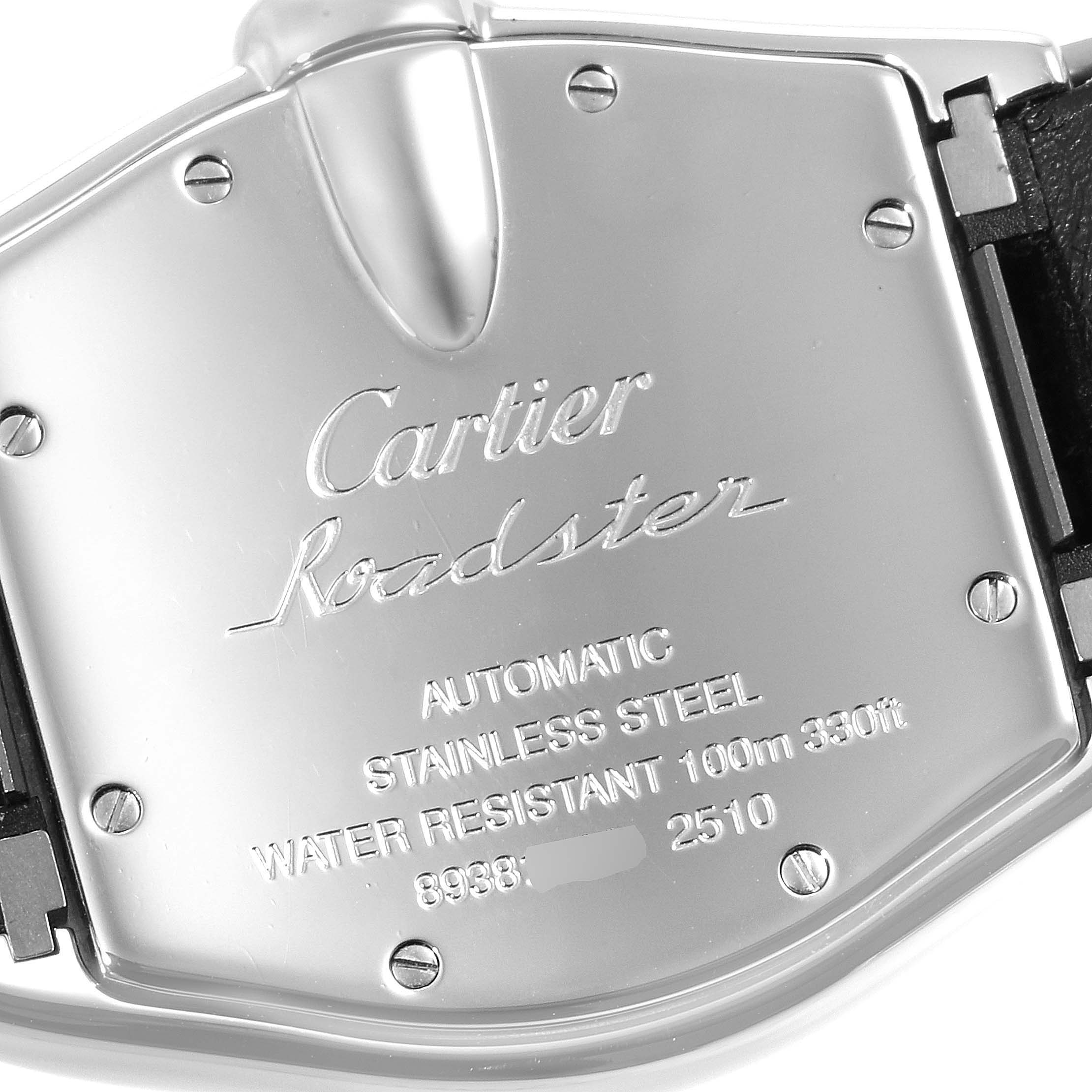 The image shows the back case of a Cartier Roadster W62002V3 Men
s Stainless Steel Black Dial W62002V3 Men
s Stainless Steel Black Dial watch, displaying its brand, model, and specifications.
