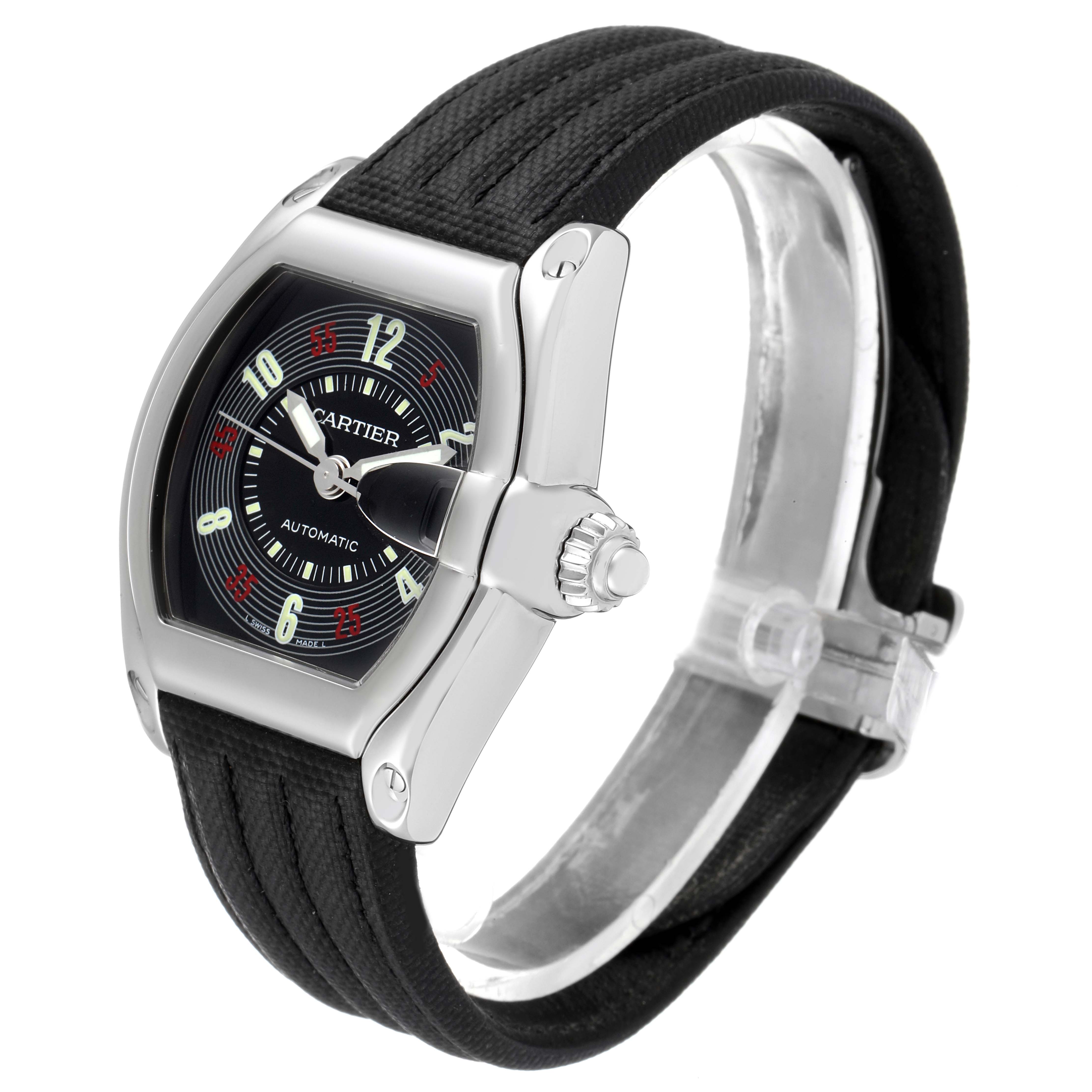 The Cartier Roadster W62002V3 Men
s Stainless Steel Black Dial W62002V3 Men
s Stainless Steel Black Dial model watch is shown from a 3/4 angle, highlighting the dial, crown, and black strap.