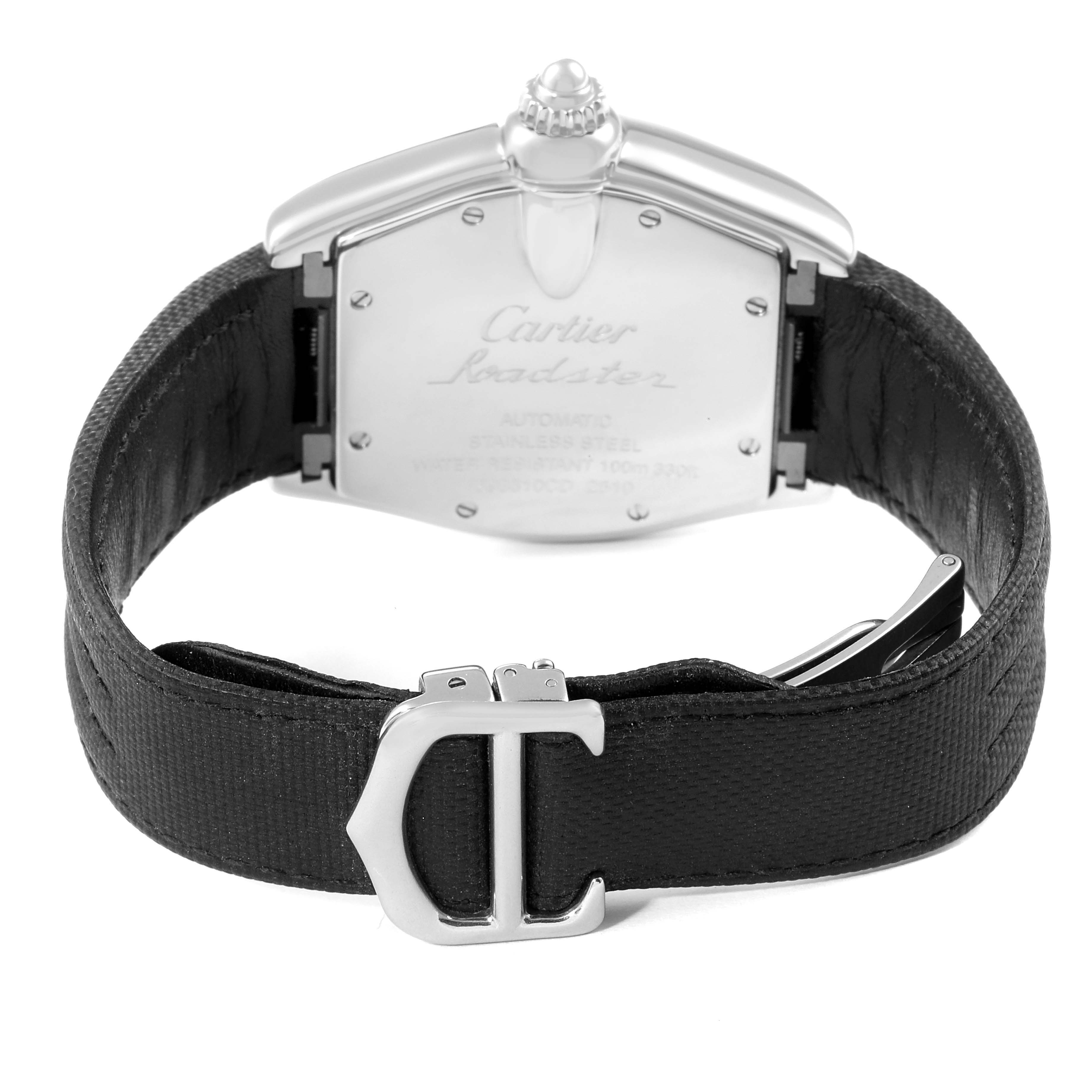The image shows the back view of a Cartier Roadster W62002V3 Men
s Stainless Steel Black Dial W62002V3 Men
s Stainless Steel Black Dial watch, featuring its case back, crown, and black strap with clasp.