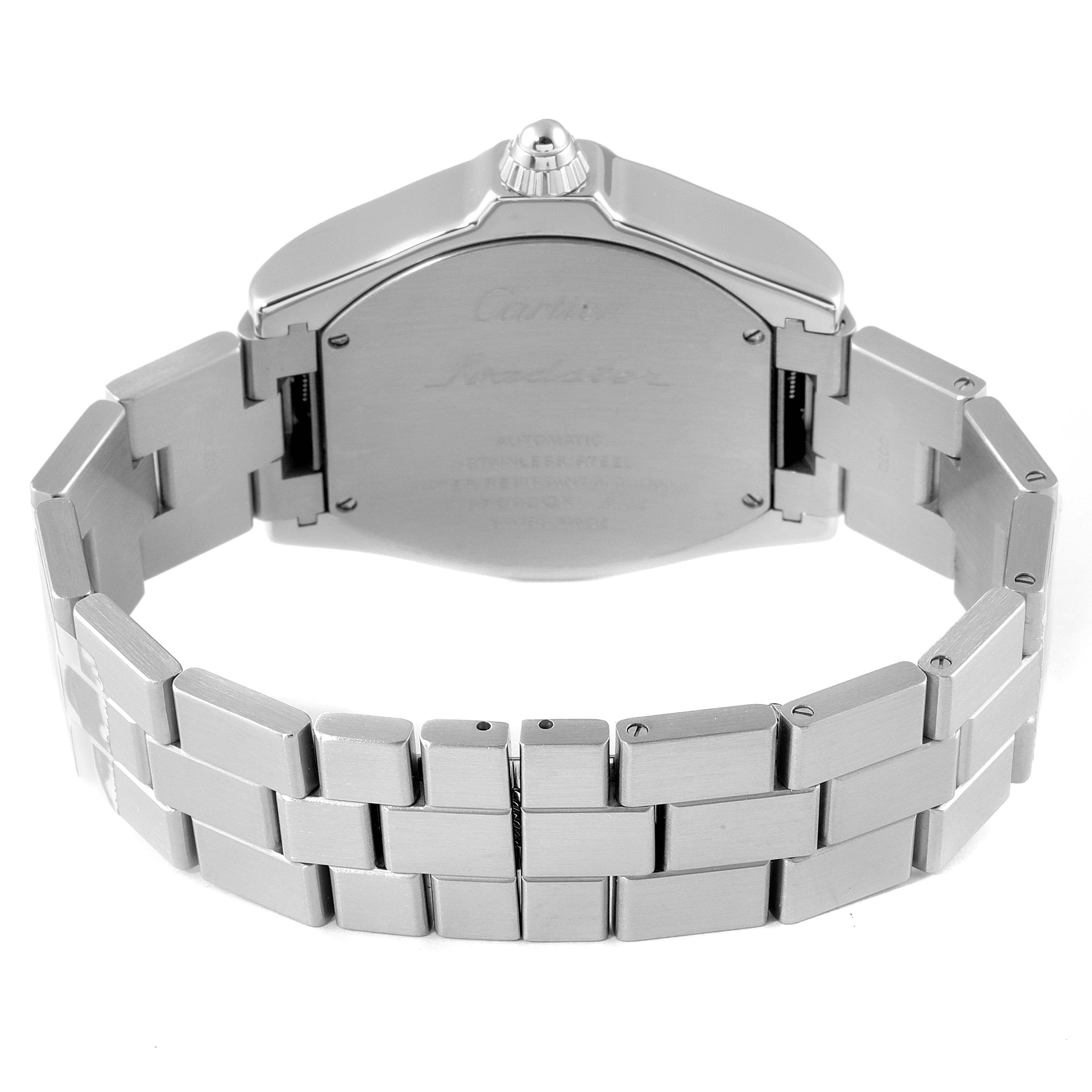 The image shows the back view of a Cartier Roadster W6206017 Men
s Stainless Steel Silver Dial W6206017 Men
s Stainless Steel Silver Dial watch, highlighting the case back and bracelet.