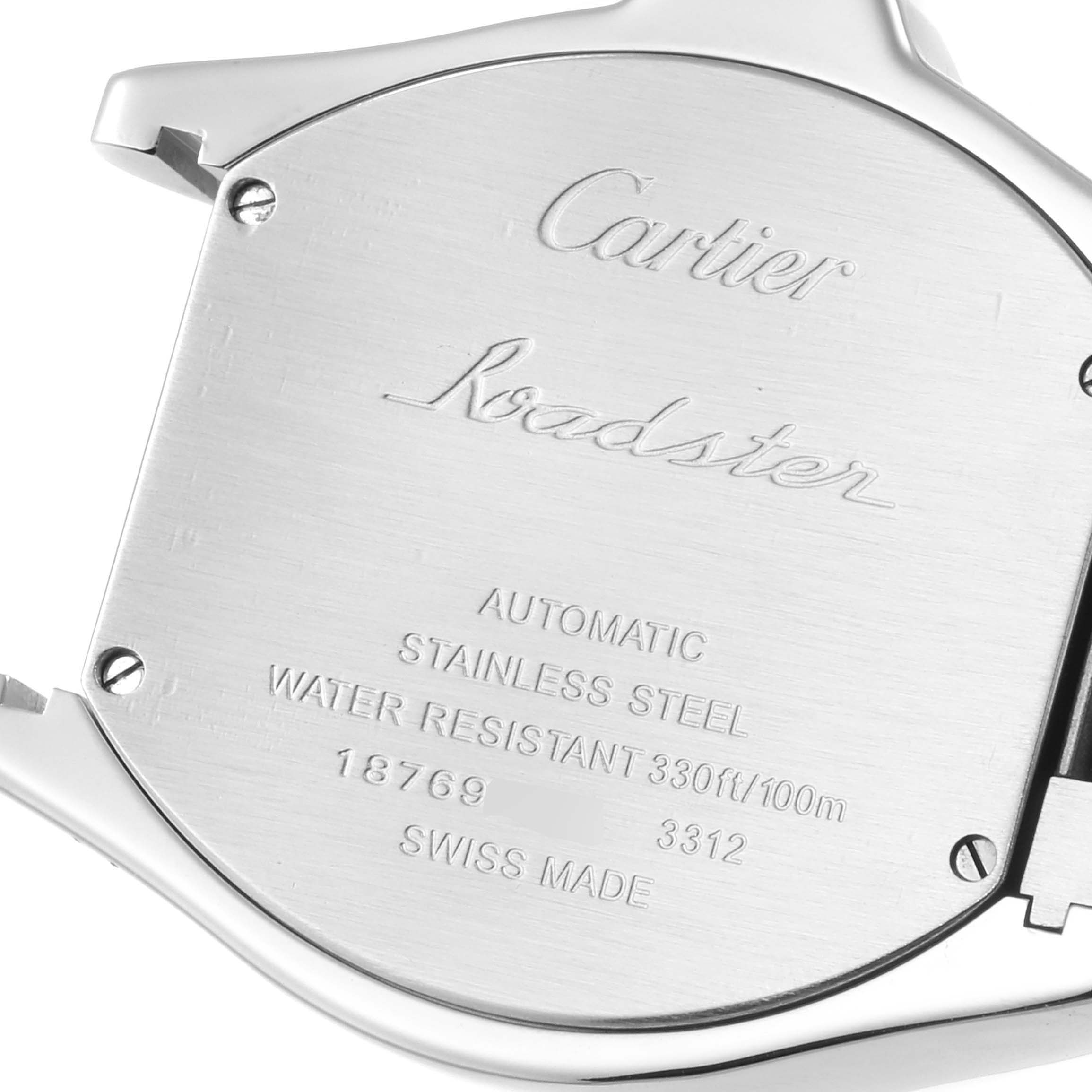 The image shows the back case of a Cartier Roadster W6206017 Men
s Stainless Steel Silver Dial W6206017 Men
s Stainless Steel Silver Dial watch, highlighting its specifications and branding.